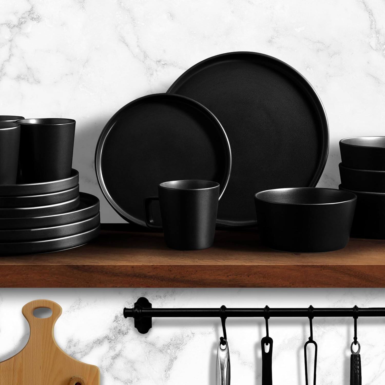 Alt View 2. Zulay Kitchen - Zulay Kitchen Terra Plates and Bowls Sets - 16 Piece Modern Stoneware Dish Set for 4 - Black.