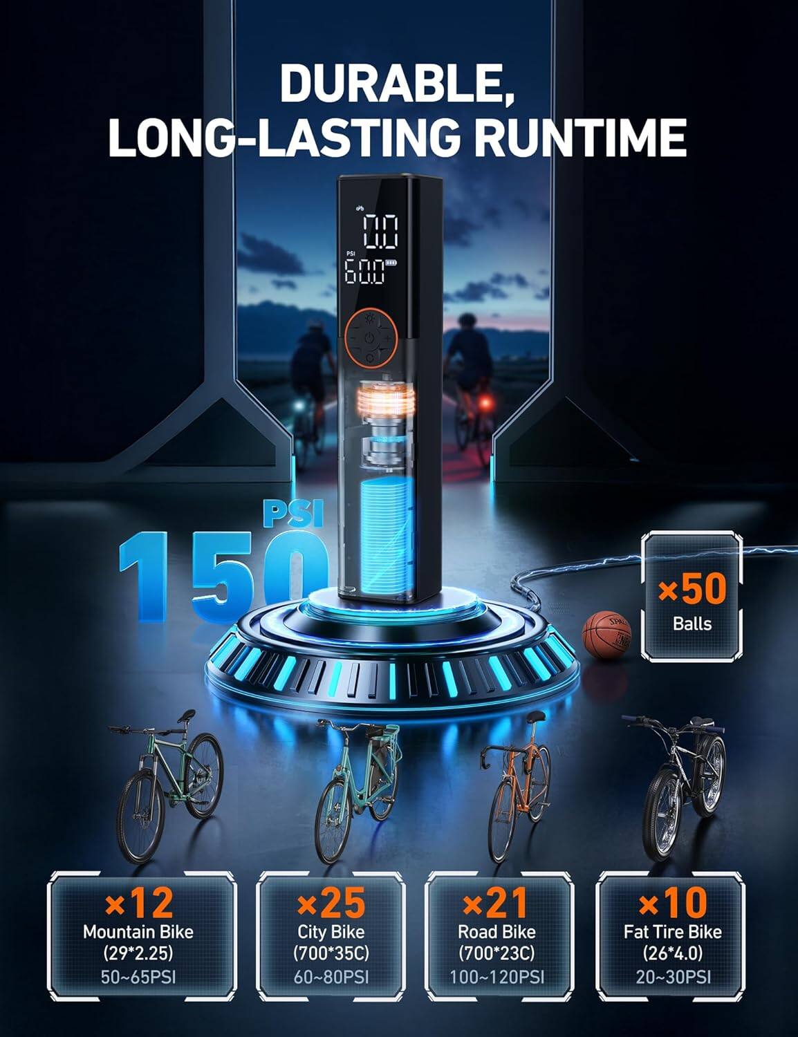 DURABLE, LONG-LASTING RUNTIME

PSI 150

x50 Balls

x12 Mountain Bike (29*2.25) 50~65PSI

x25 City Bike (700*35C) 60~80PSI

x21 Road Bike (700*23C) 100~120PSI

x10 Fat Tire Bike (26*4.0) 20~30PSI