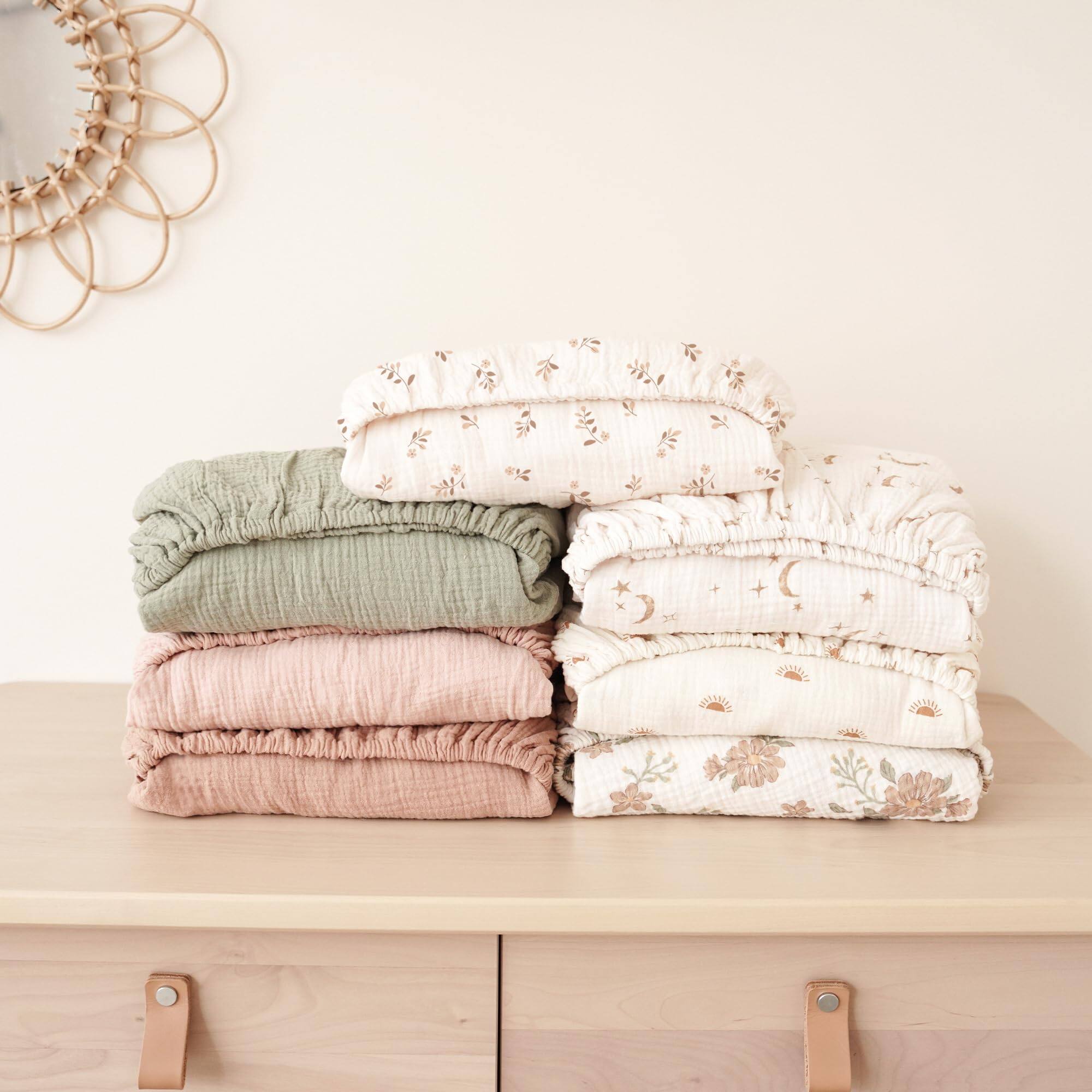 Alt View 3. MAGICAL RUBS - Muslin Sheets For Girl Boy 2 Soft And Breathable Cotton Standard Mattress 52"x 28" (pink Sun Khaki Leaf) - Floral, Pink Pack N Play Sheets.