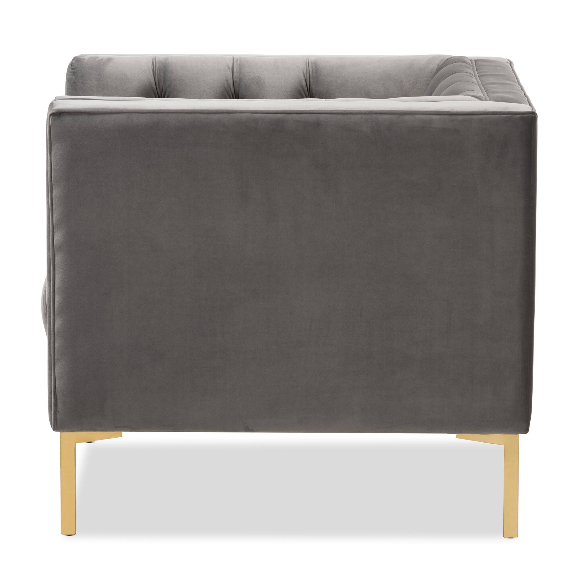 Left. Baxton Studio - Zanetta Luxe and Glamour Velvet Upholstered Gold Finished Lounge Chair - Grey.