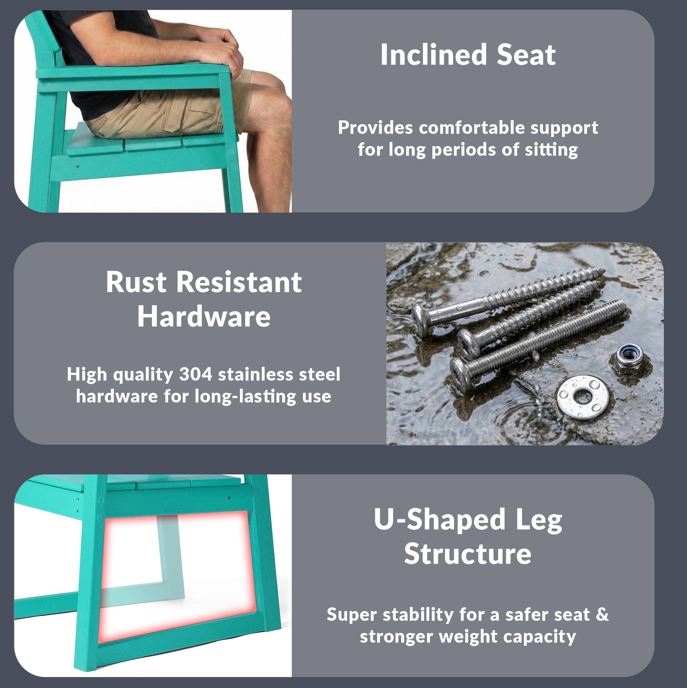 Inclined Seat  
Provides comfortable support for long periods of sitting  

Rust Resistant Hardware  
High quality 304 stainless steel hardware for long-lasting use  

U-Shaped Leg Structure  
Super stability for a safer seat & stronger weight capacity
