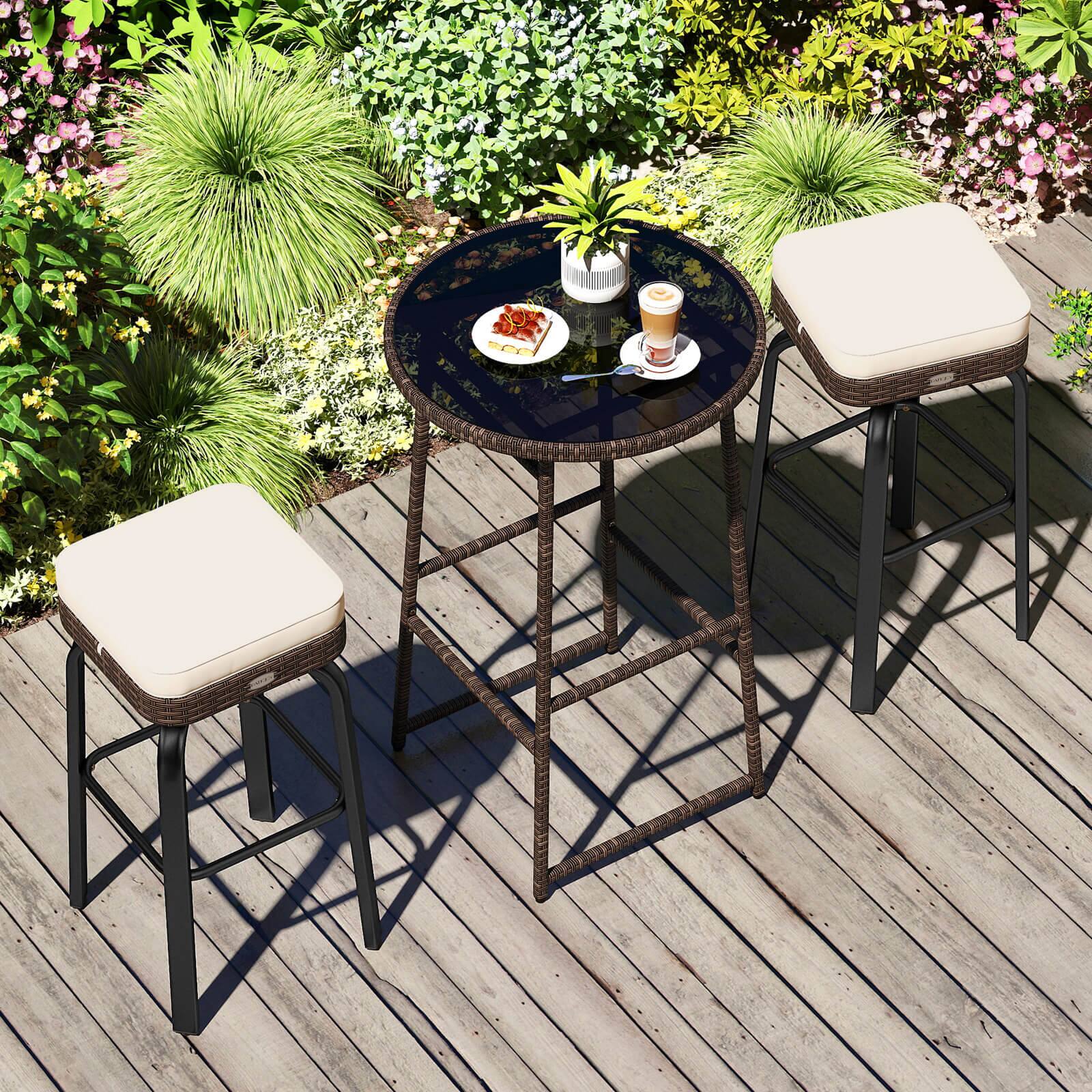 Alt View 3. Costway - Costway 3 PCS Outdoor Swivel Bar Set with 2 Chairs, Tempered Glass Top, Soft Cushions - Off-White.