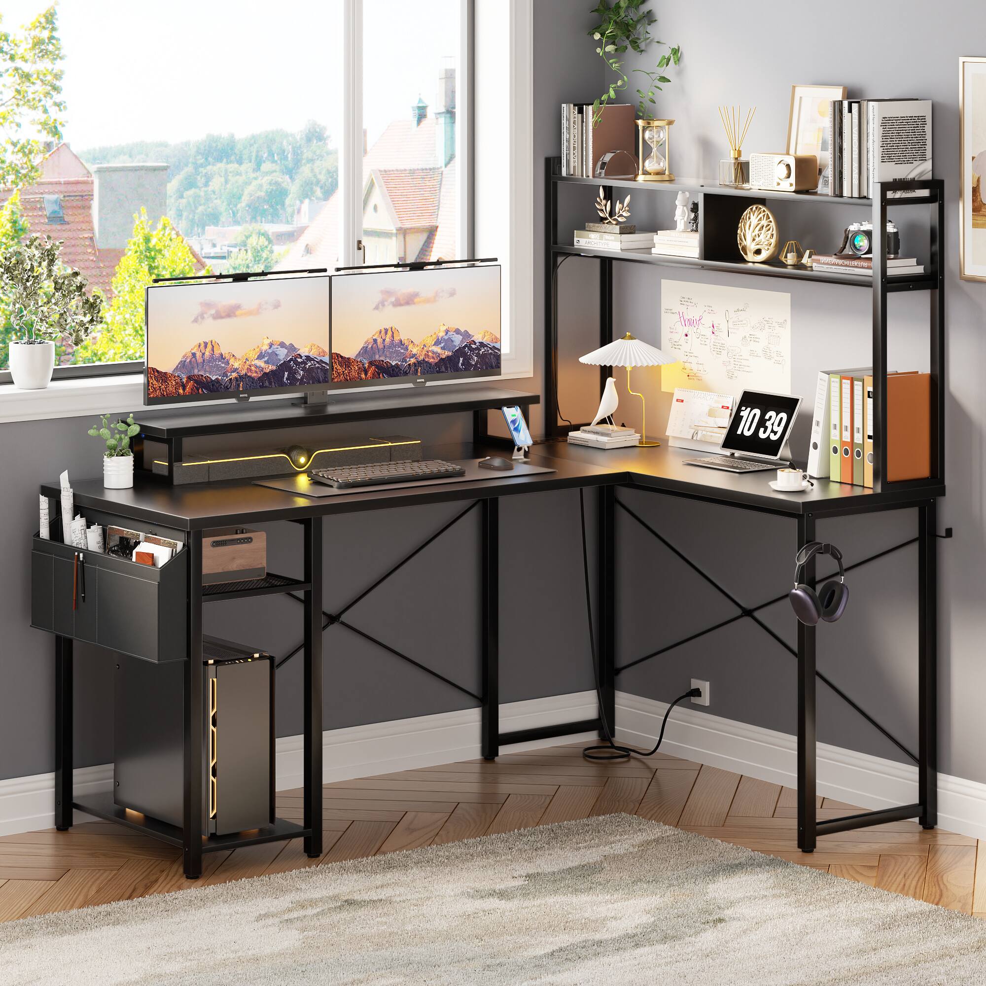 Back. Aheaplus - Small Reversible L-Shaped Gaming Desk: LED Lights, Power Outlets, Monitor Stand & Storage for Home Office Corner - Black.