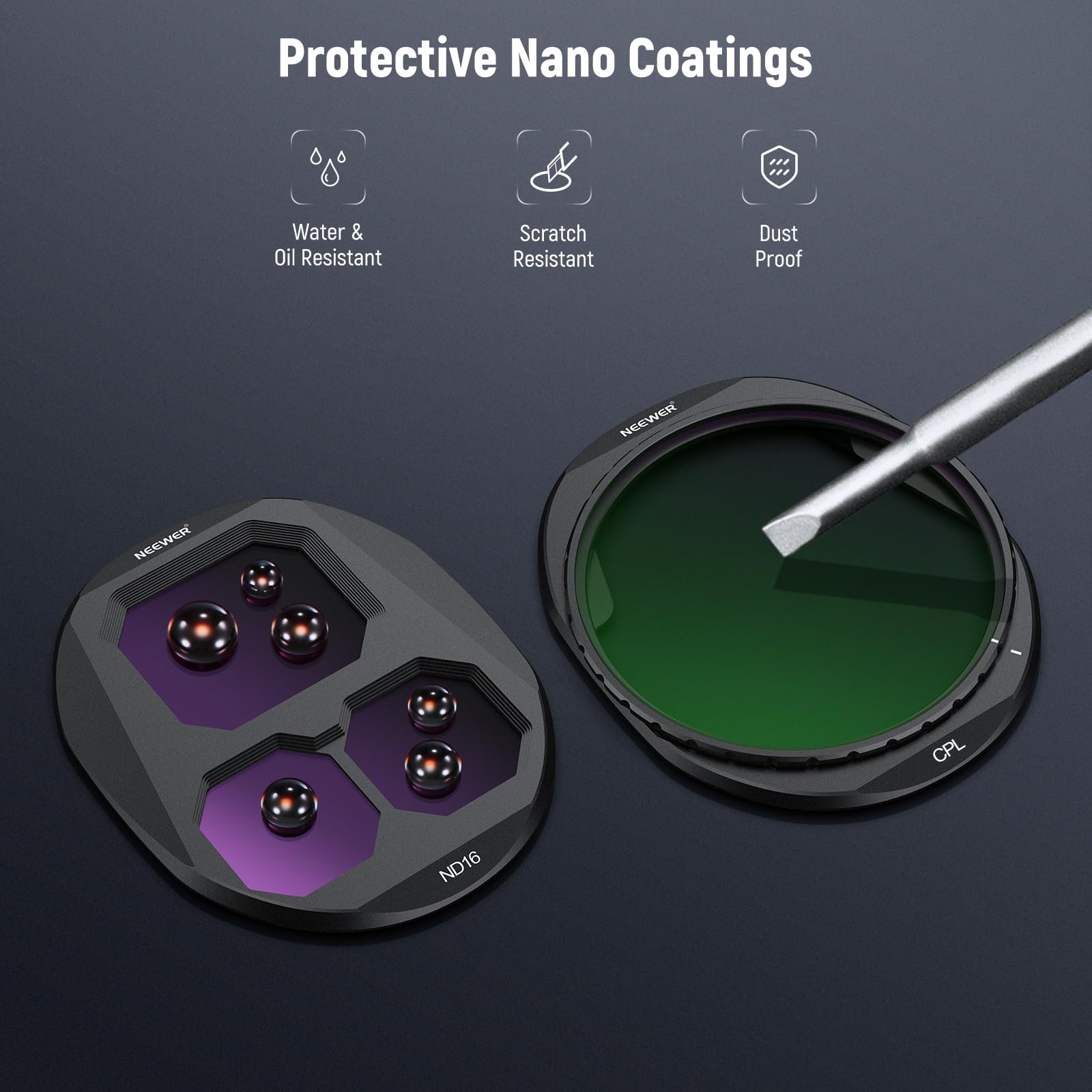 Protective Nano Coatings  
Water & Oil Resistant  
Scratch Resistant  
Dust Proof  
NEEWER CPL ND16
