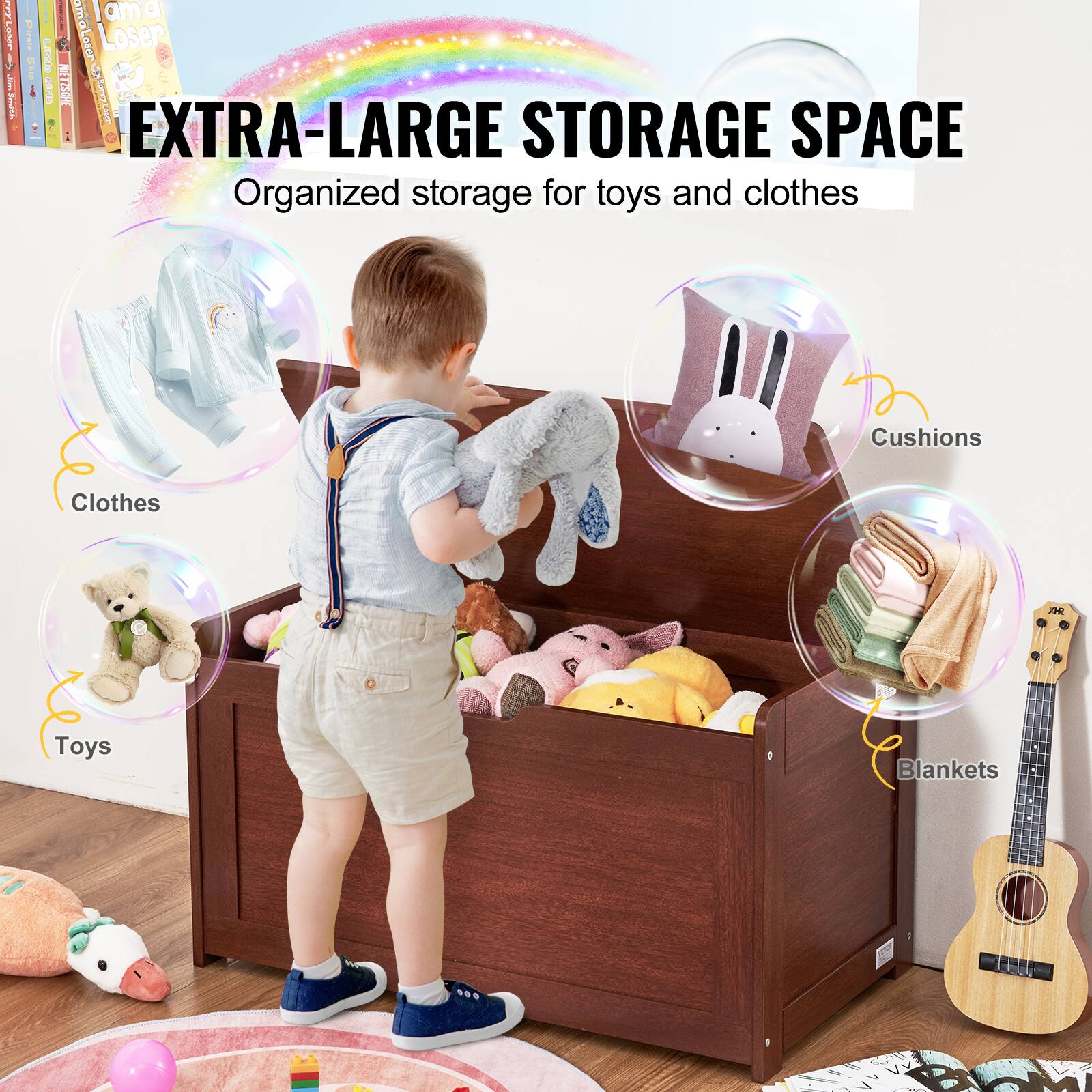 I am a 2 I see Loser Lose a Little 1 I 5 1 adria CSLUN

EXTRA-LARGE STORAGE SPACE  
Organized storage for toys and clothes

Clothes  
Toys  
Cushions  
Blankets