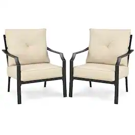 Gymax - 2 PCS Patio Dining Chairs Set with Padded Cushions Armrest Steel Frame - Beige