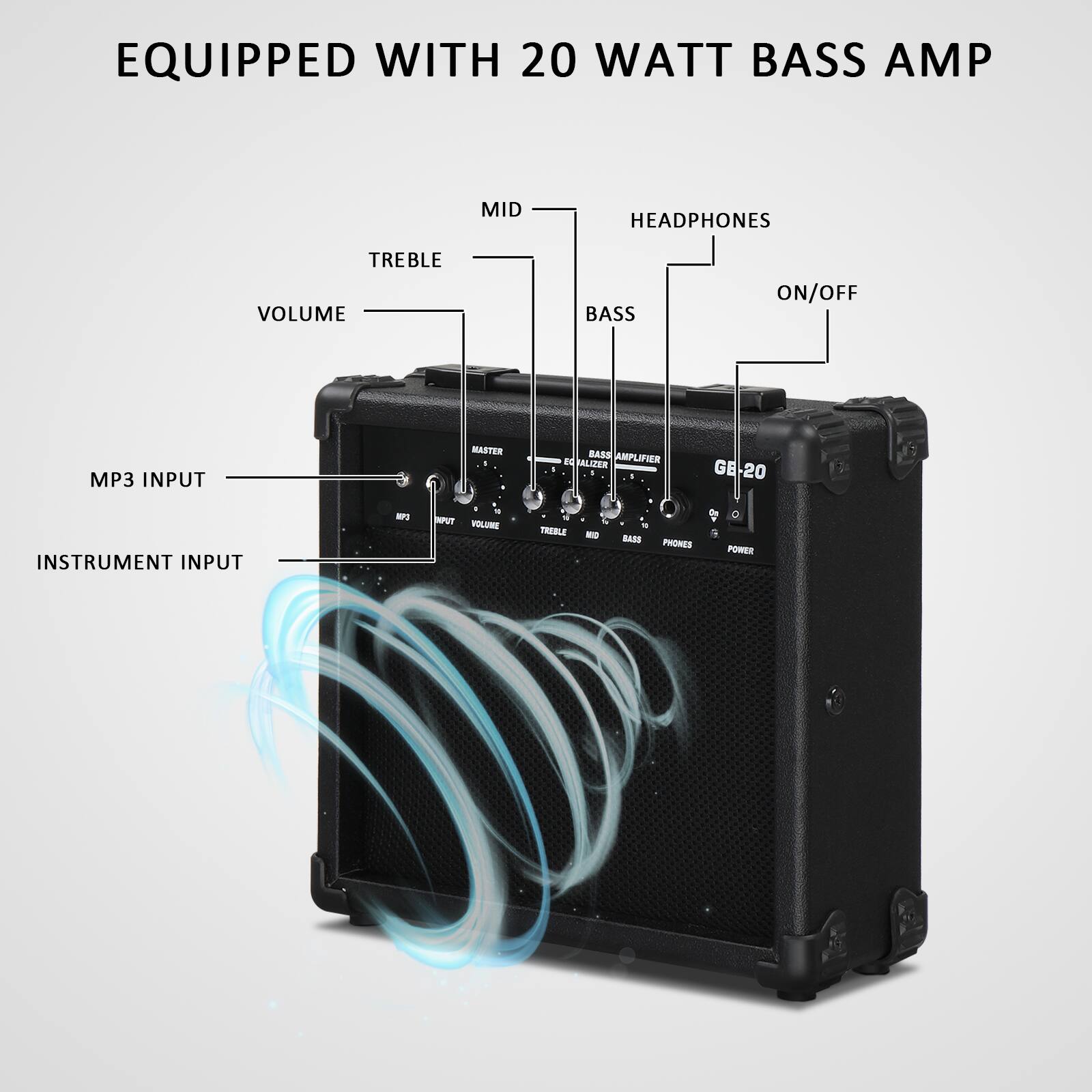 EQUIPPED WITH 20 WATT BASS AMP

- BASS
- MID
- TREBLE
- VOLUME
- HEADPHONES
- ON/OFF
- MP3 INPUT
- INSTRUMENT INPUT
- MASTER
- BASS AMPLIFIER
- GE-20
- POWER