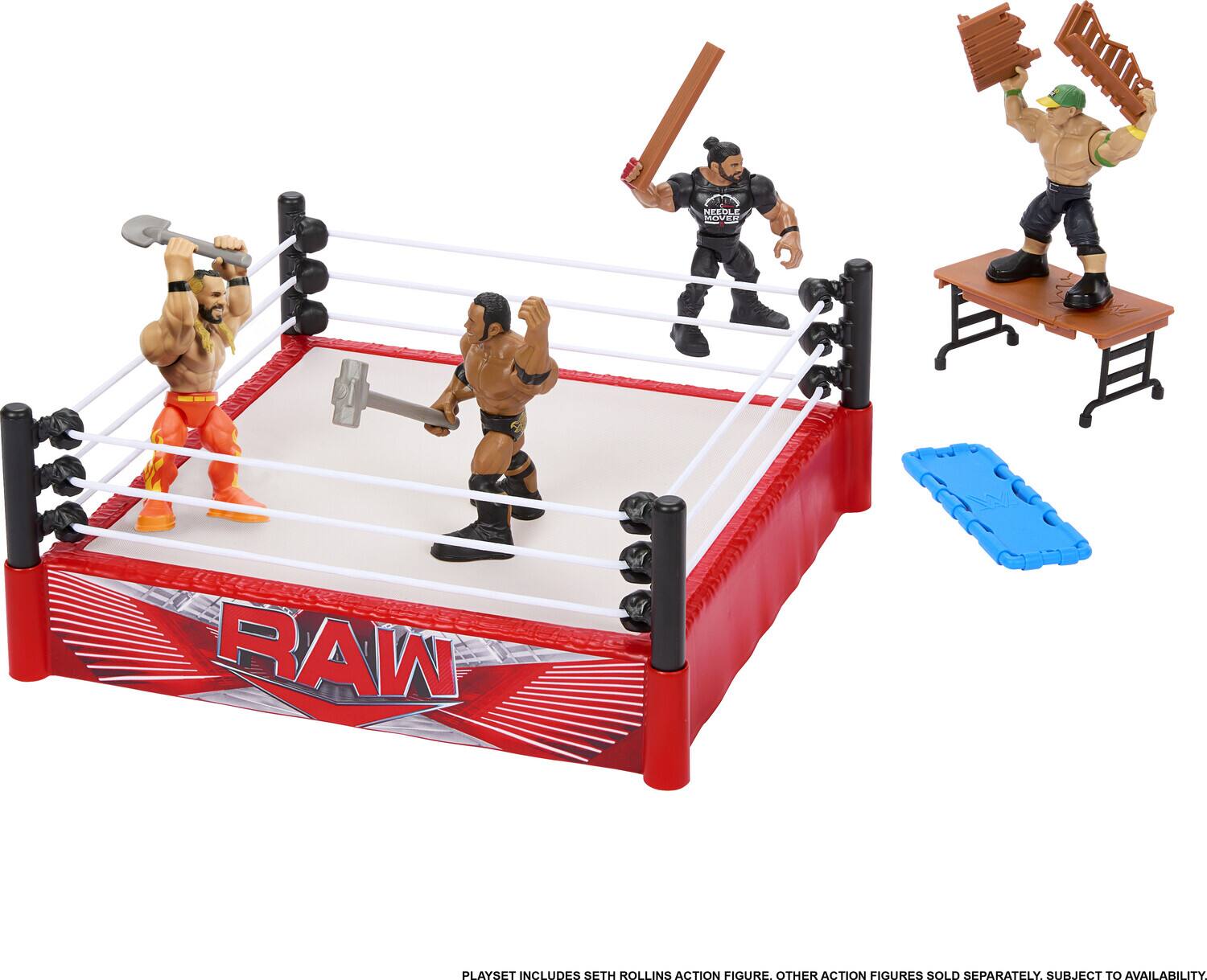 The text on the image should be corrected and grouped as follows:

"NEUULE OVER 3 A RAW PLAYSET INCLUDES SETH ROLLINS ACTION FIGURE. OTHER ACTION FIGURES SOLD SEPARATELY SUBJECT TO AVAILABILITY."

This text indicates that the playset is suitable for children over 3 years old and includes a Seth Rollins action figure, with other figures available separately depending on availability.