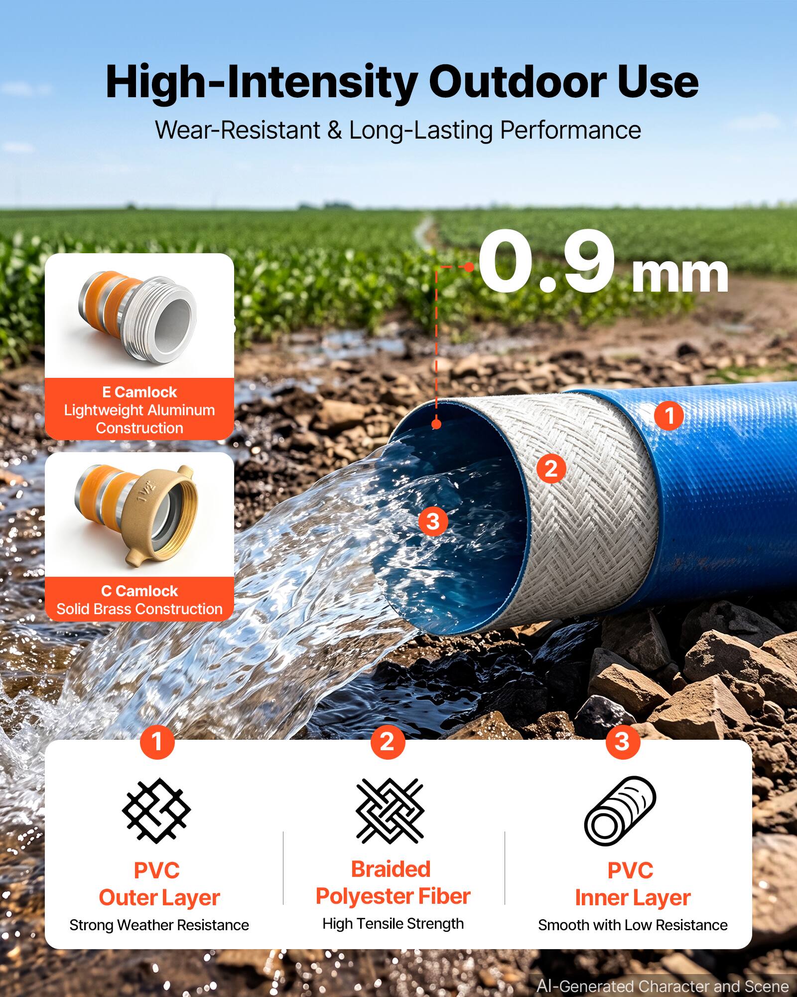 High-Intensity Outdoor Use  
Wear-Resistant & Long-Lasting Performance

0.9 mm

E Camlock Lightweight Aluminum Construction

C Camlock Solid Brass Construction

PVC Outer Layer Strong Weather Resistance

Braided Polyester Fiber High Tensile Strength

PVC Inner Layer Smooth with Low Resistance

AI-Generated Character and Scene