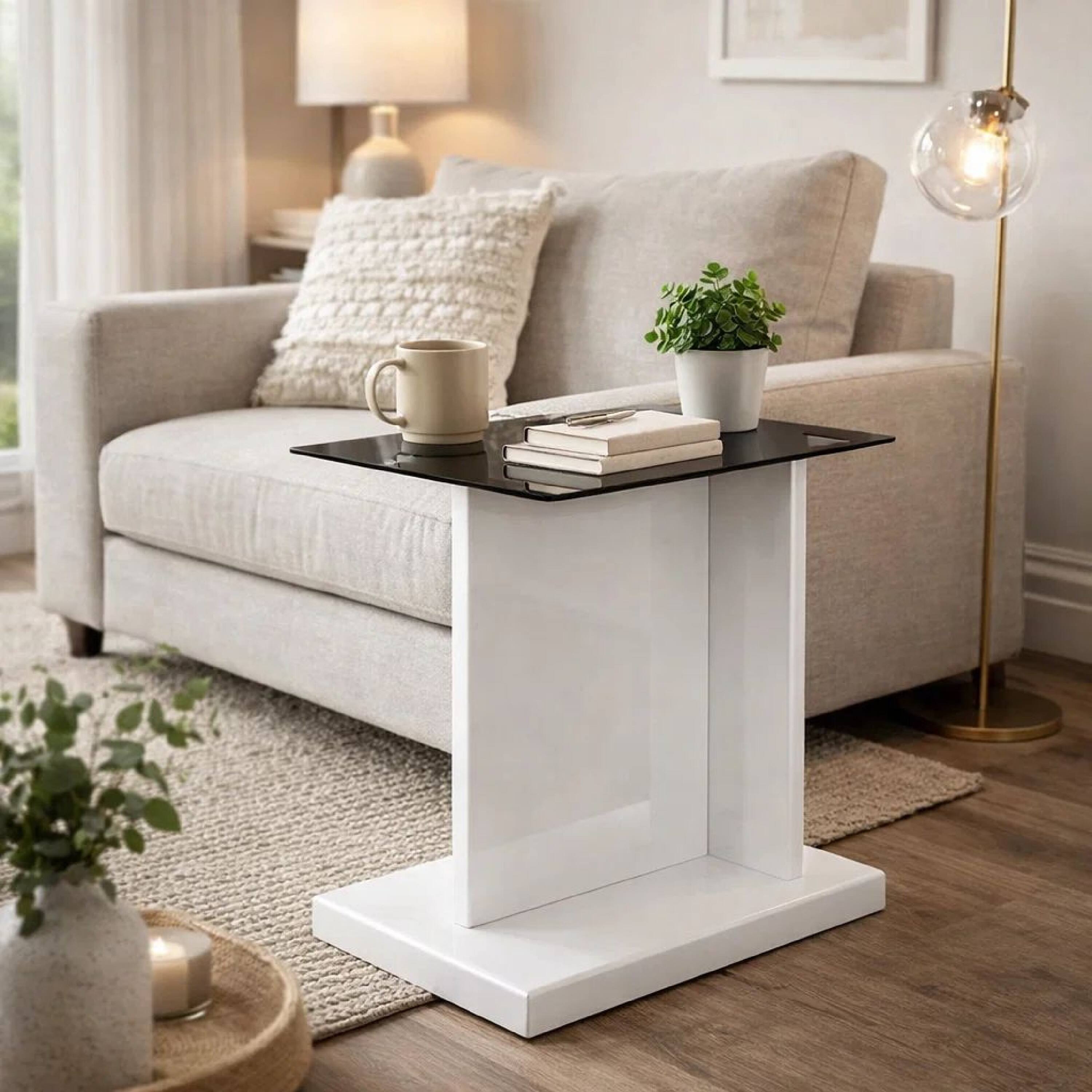 Alt View 7. Manhattan Lane - Liam 22 Inch Square Side End Table, White Wood, Pedestal Base, Glass Top - White, Black.