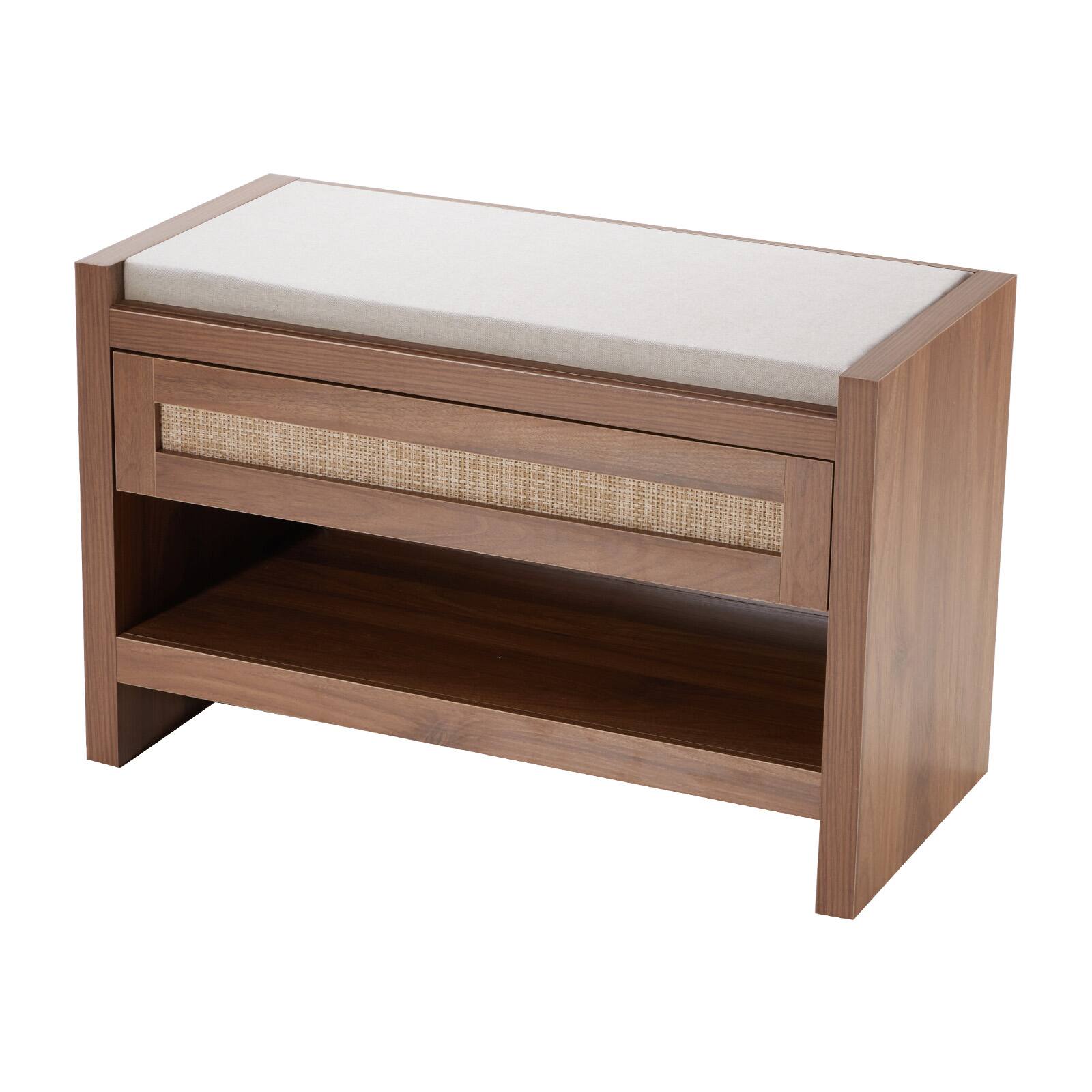 Alt View 5. VEVOR - Rattan Bench, 30.9" Rattan Shoe Bench, Entryway Bench with Storage Drawer and Linen Seat Cushion, Farmhouse Boho Bench - Brown.