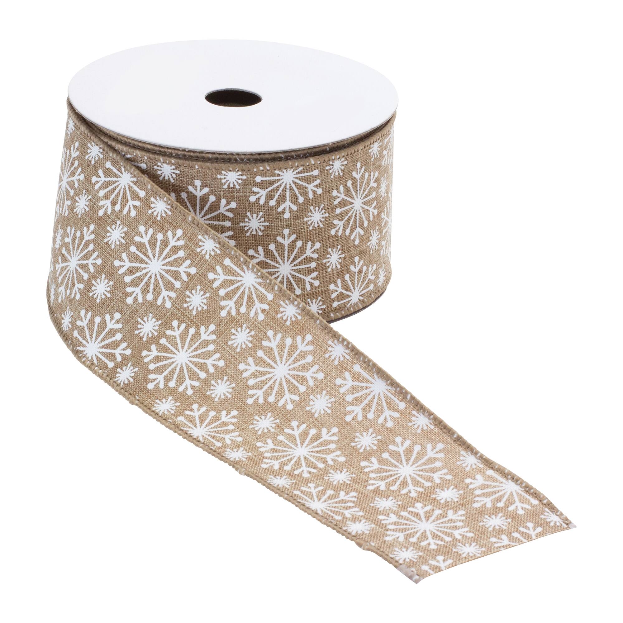 Angle. BreeBe - Snowflake Print Wired Ribbon 2.5" x 10 Yds. - Beige, White.