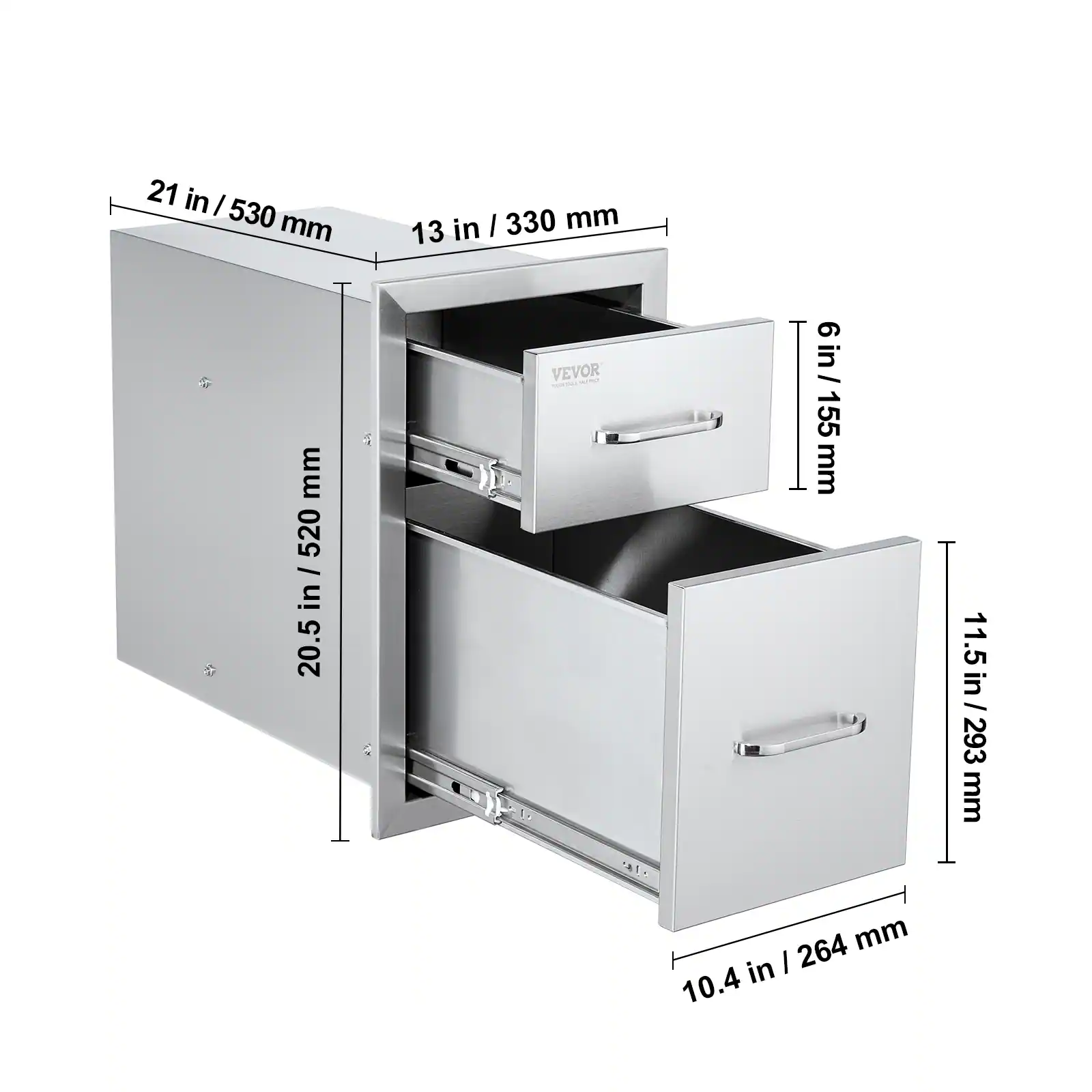 21 in / 530 mm  
13 in / 330 mm  
20.5 in / 520 mm  
6 in / 155 mm  
11.5 in / 293 mm  
10.4 in / 264 mm