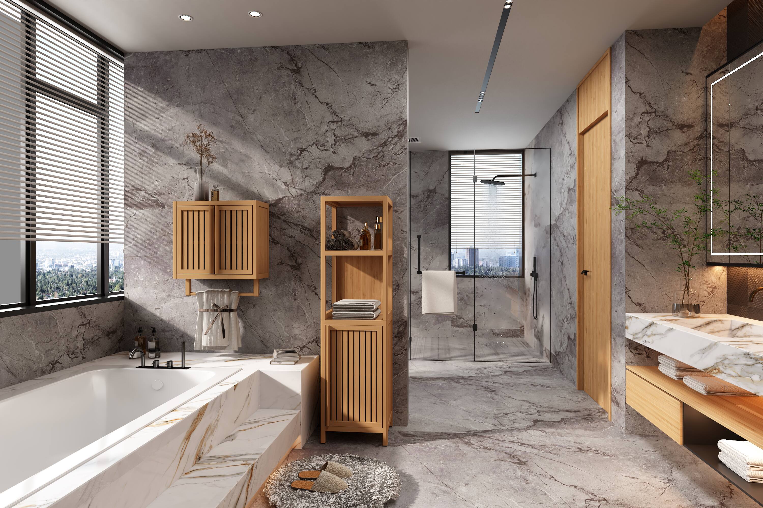 Angle. TinyHomie - Large capacity multifunctional bamboo storage cabinet furniture for bathroom and living room - Natural.