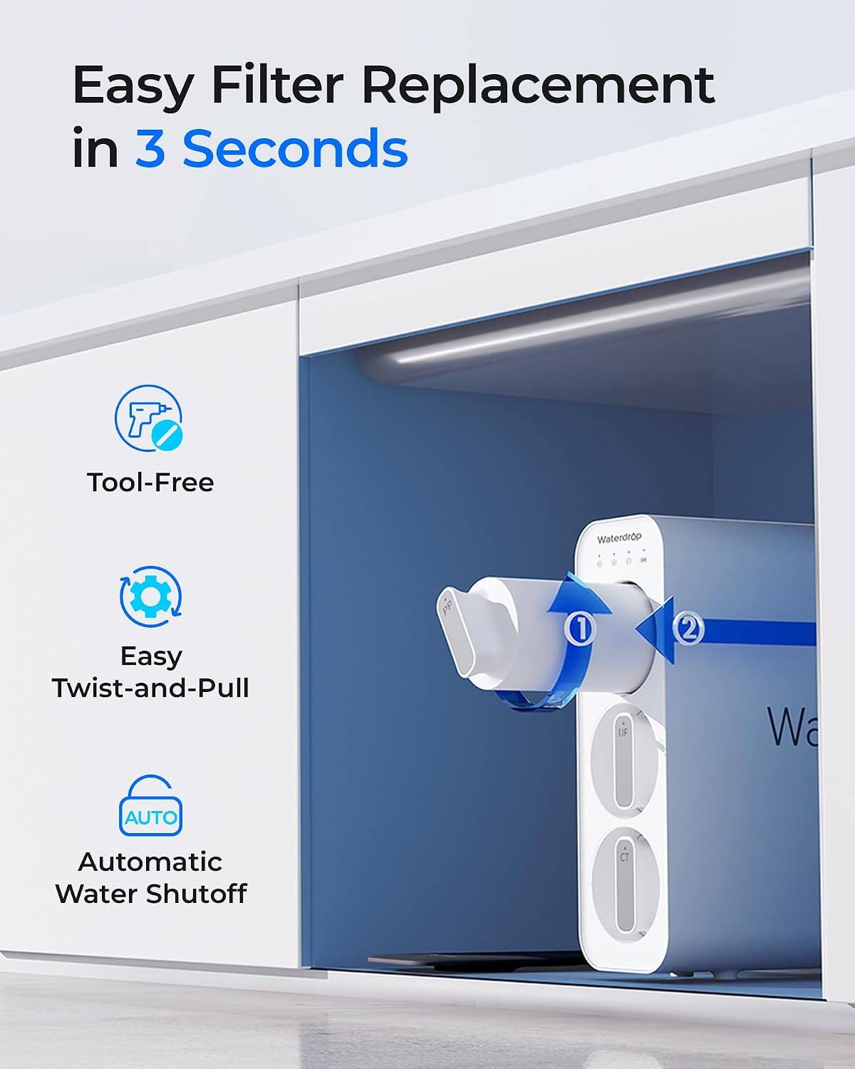 Easy Filter Replacement in 3 Seconds

Tool-Free

Easy Twist-and-Pull

Automatic Water Shutoff