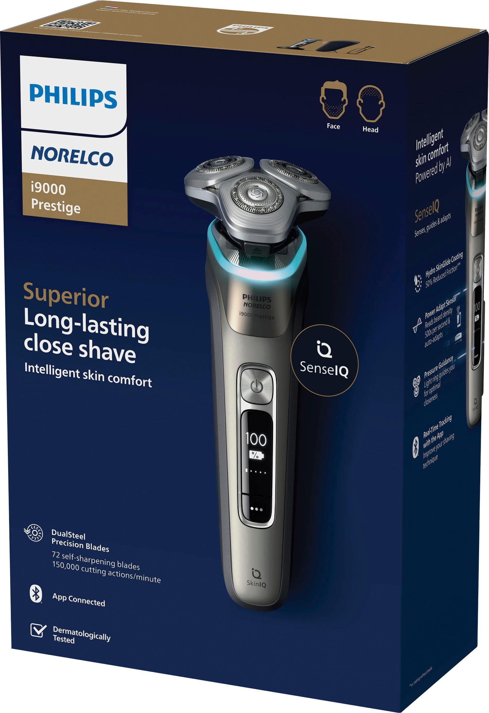 The text on the image is already correctly grouped and corrected. It reads:
"PHILIPS NORELCO i9000 Prestige Face Head Intelligent comfort skin by AI Powered SenselQ / adeees Secses guds Superior Long-lasting close shave Intelligent skin comfort PHILIPS NORELCO 19000 Prestige 100 SenselQ Coatrng SinGide N Hyde Roctin" 50% Rectend Seoc Adapt 00 Power bead oespy A DualSteel Precision Blades 72 150,000 self-sharpening blades cutting actions/minute App Connected SkinIQ Dermatologically Tested."