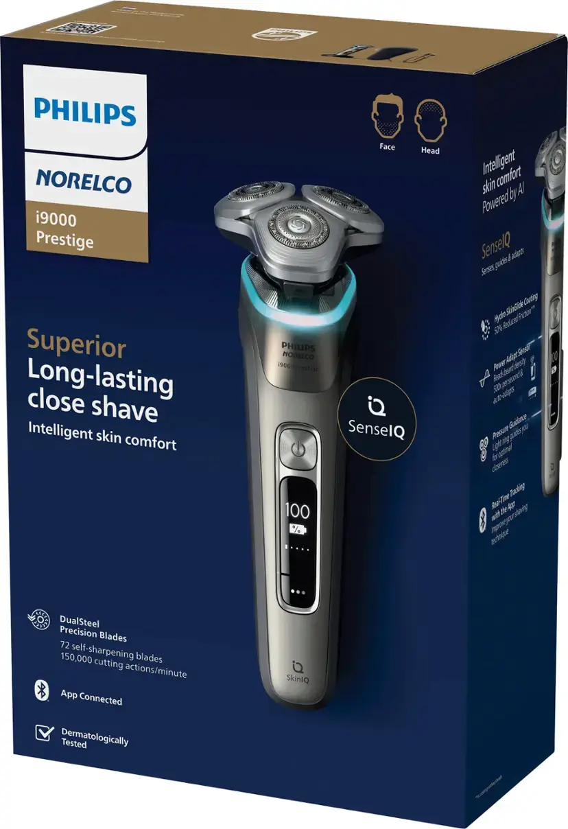 The text on the image is already correctly grouped and corrected. It reads:

"PHILIPS NORELCO i9000 Prestige Face Head Intelligent comfort skin by AI Powered SenselQ / adeees Secses guds Superior Long-lasting close shave Intelligent skin comfort PHILIPS NORELCO 19000 Prestige 100 SenselQ Coatrng SinGide N Hyde Roctin" 50% Rectend Seoc Adapt 00 Power bead oespy A DualSteel Precision Blades 72 150,000 self-sharpening blades cutting actions/minute App Connected SkinIQ Dermatologically Tested."