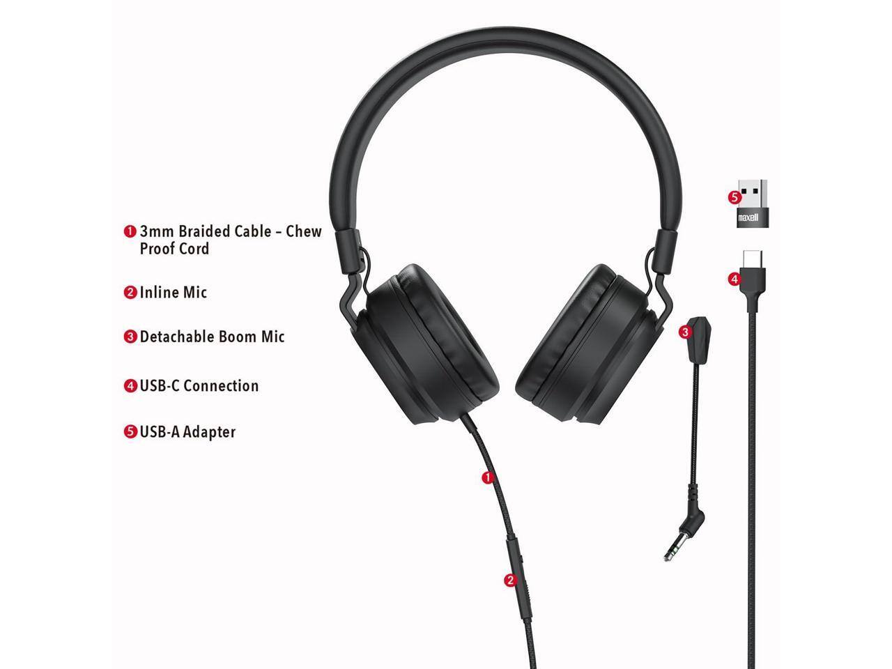 1. 3mm Braided Cable - Chew Proof Cord
2. Inline Mic
3. Detachable Boom Mic
4. USB-C Connection
5. USB-A Adapter