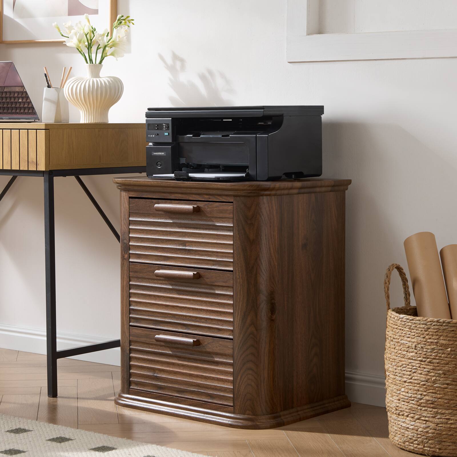 Angle. Forest'nSky - Walnut Wood 3 drawer 22 in. Wide Chest of Drawers with Charging Station for Living Room - Walnut.