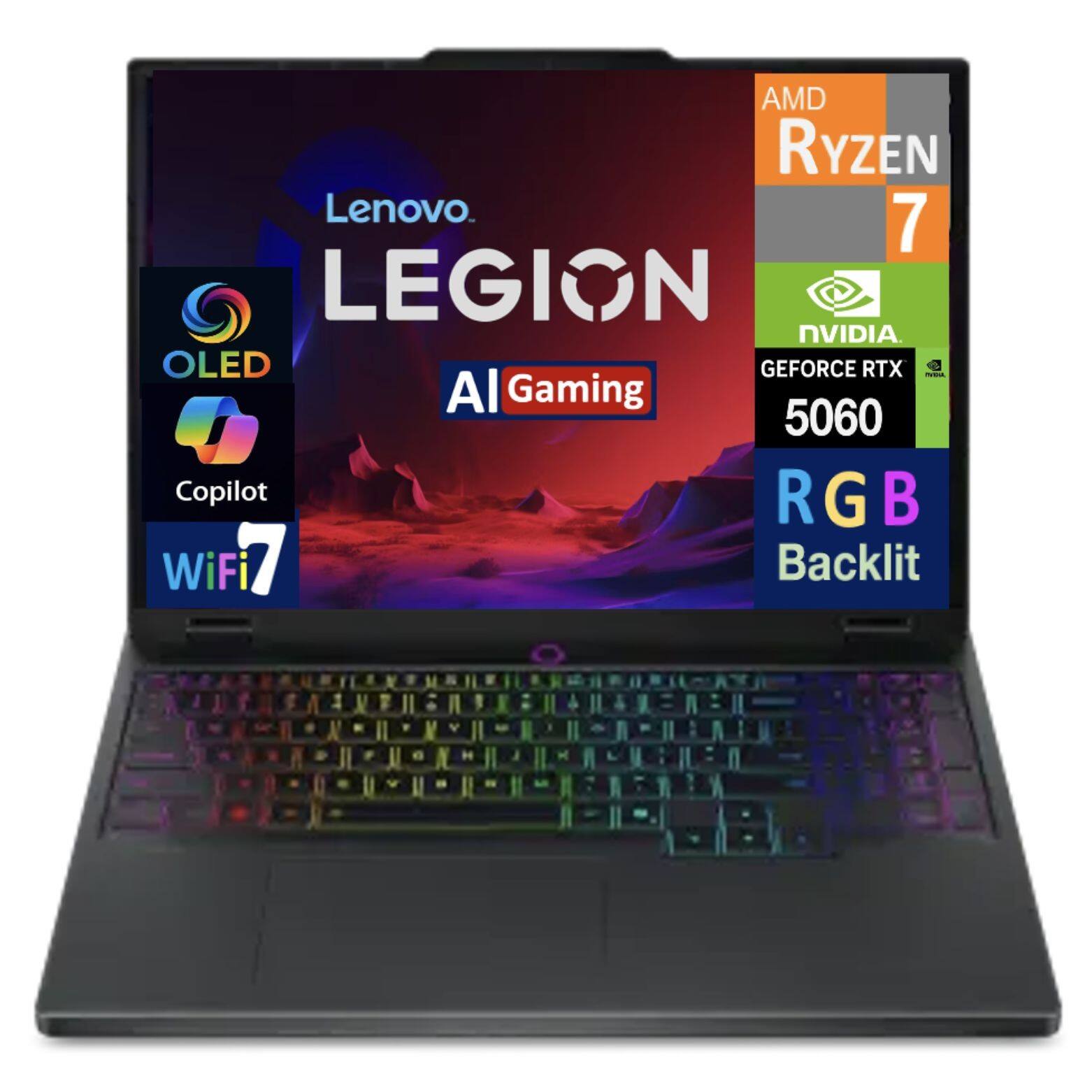 AMD Ryzen 7 Lenovo Legion NVIDIA GeForce RTX 5060 OLED AI Gaming RGB Backlit Copilot WiFi