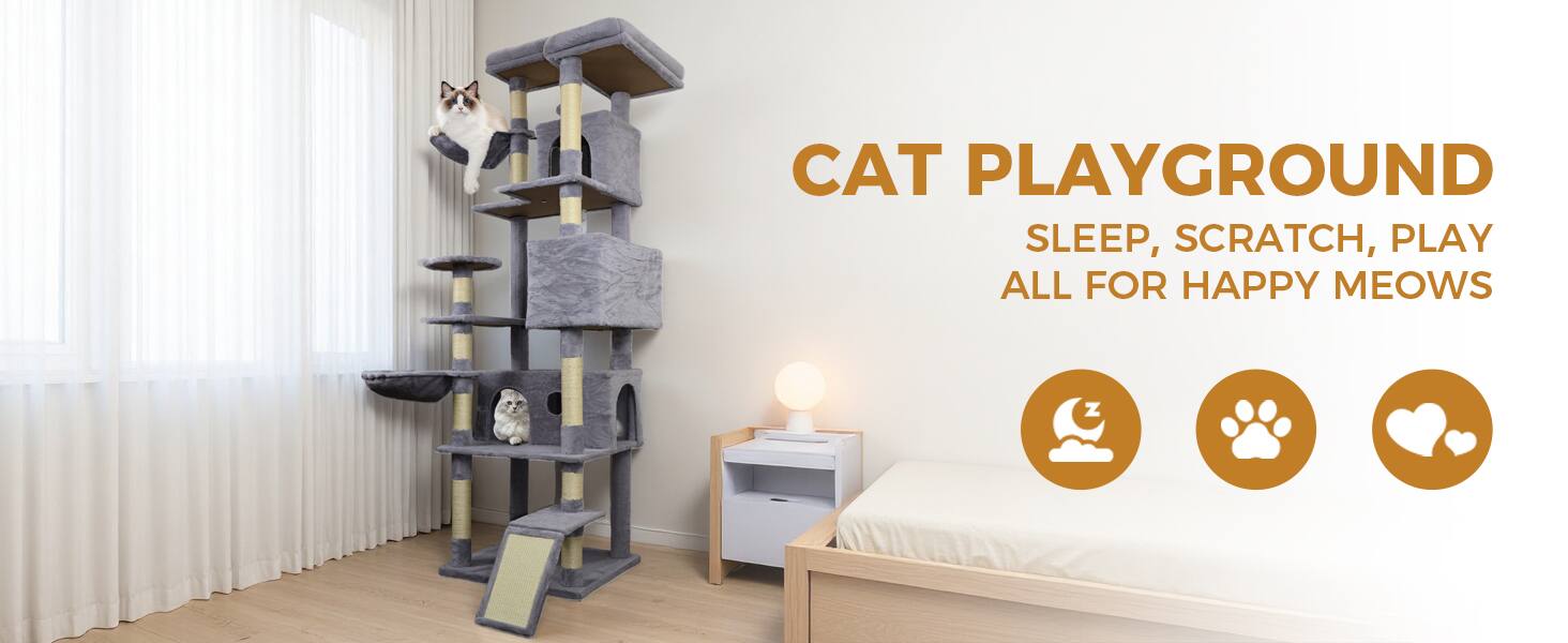 CAT PLAYGROUND  
SLEEP, SCRATCH, PLAY  
ALL FOR HAPPY MEOWS