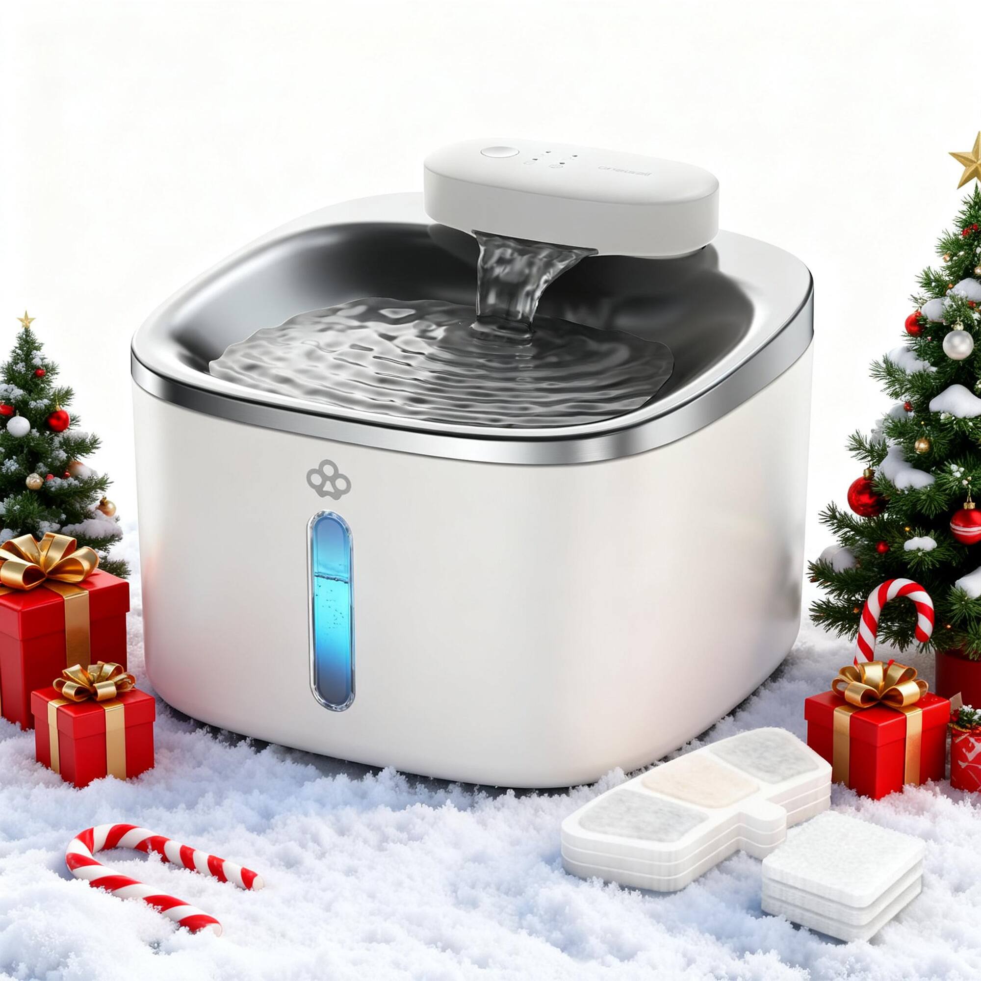 Angle. Oneisall - Cordless Automatic Pet Water Fountain 3.5L Stainless Steel with Motion Sensor and 5 Layer Filtration BPA Free 3 Filters - White.