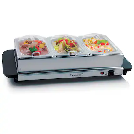 Front. MegaChef - MegaChef Buffet Server & Food Warmer With 3 Removable Sectional Trays , Heated Warming Tray and Removable Tray Frame - Silver.