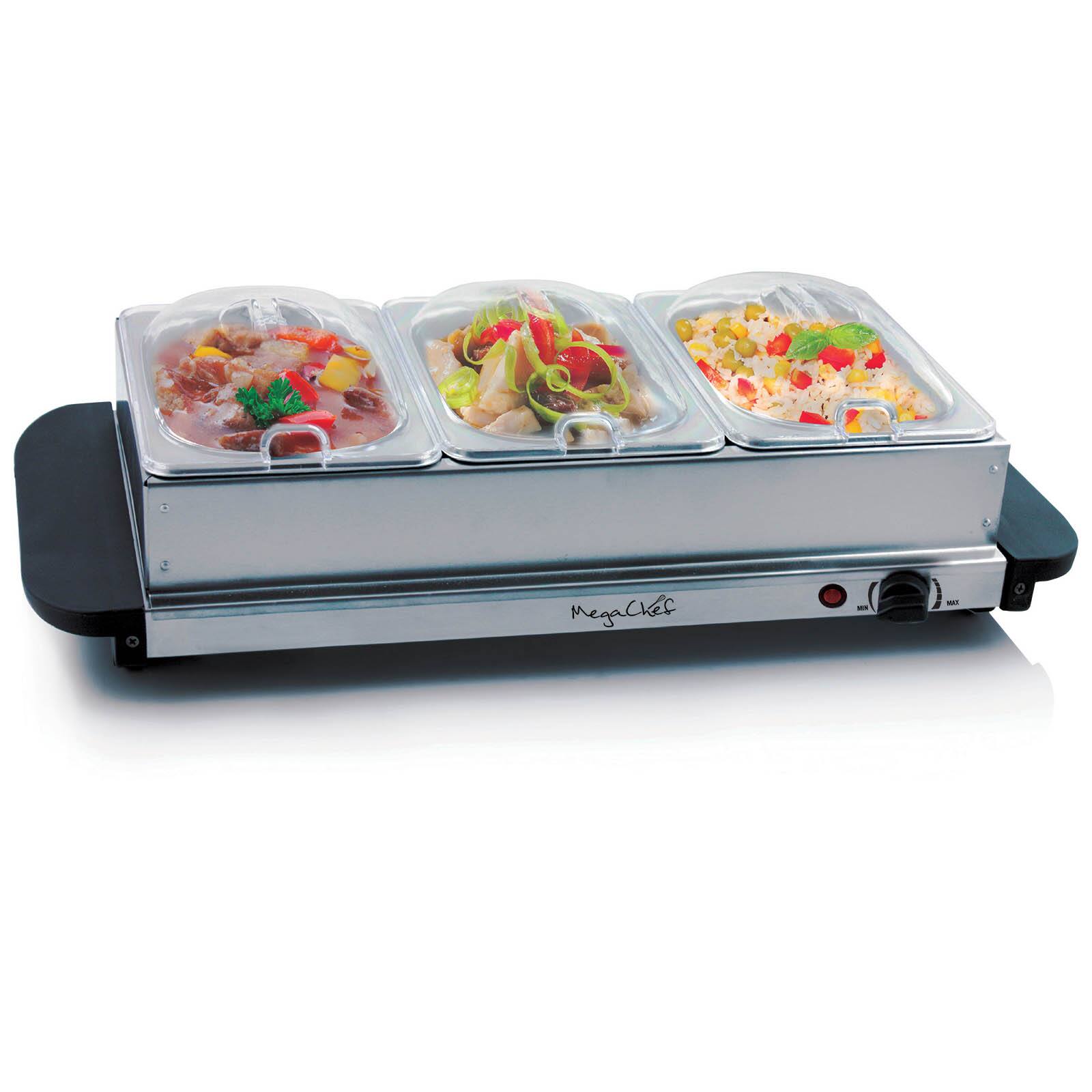 MegaChef - Buffet Server & Food Warmer With 3 Removable Sectional Trays , Heated Warming Tray and Removable Tray Frame - Silver