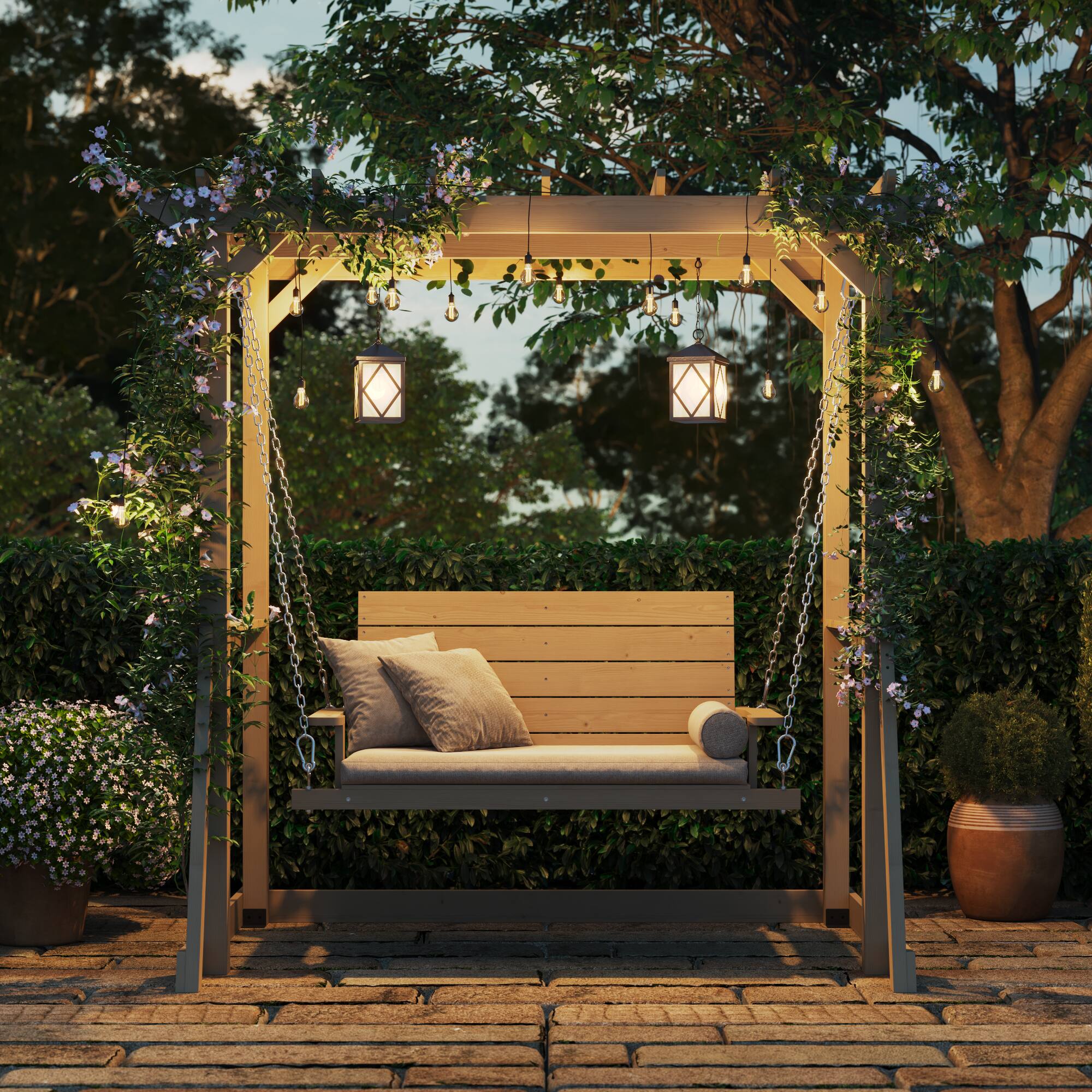 Back. Famapy - Solid Cedar 2-Person Pergola Swing - Weather-Resistant Outdoor Patio Swing with Heavy-Duty Chain, 600LBS Capacity - Wooden.