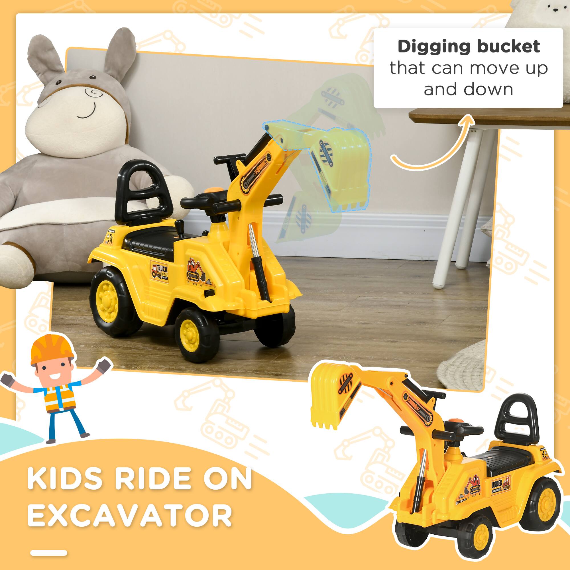Digging bucket that can move up and down

KIDS RIDE ON EXCAVATOR