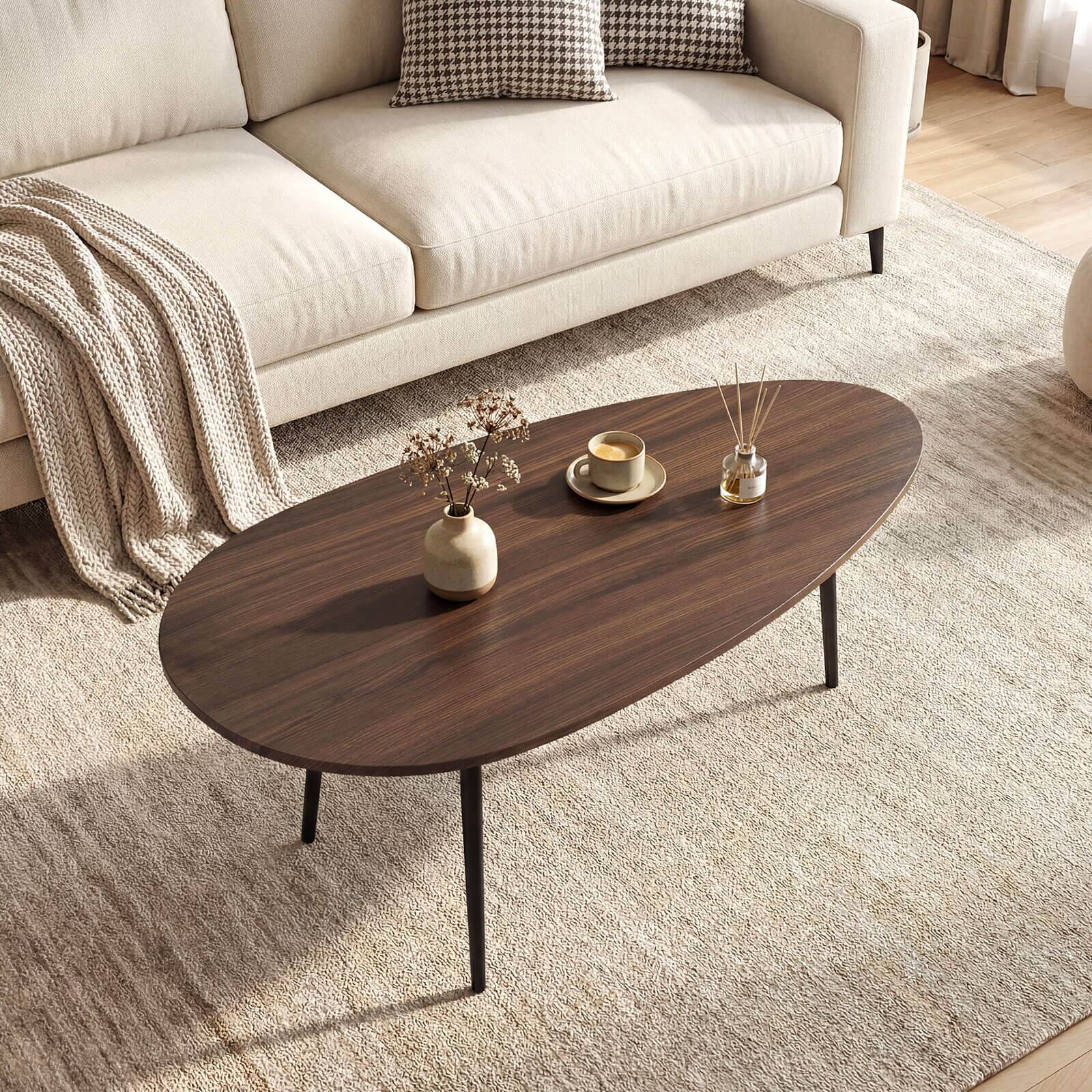 Alt View 1. Costway - Costway Oval Coffee Table with Sturdy Metal Construction & Compact Design, Retro Sofa Table - Walnut.