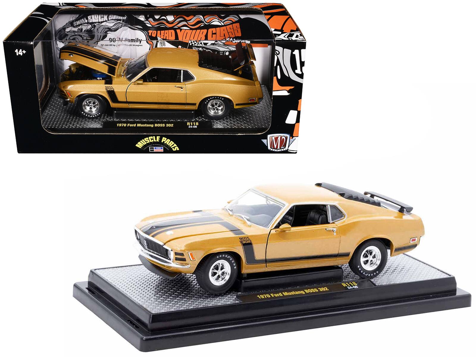 M2 - 1970 Ford Mustang BOSS 302 Gold Metallic with Black Stripes Limited Edition to 6250 pieces Worldwide 1/24 - Gold Metallic And Black