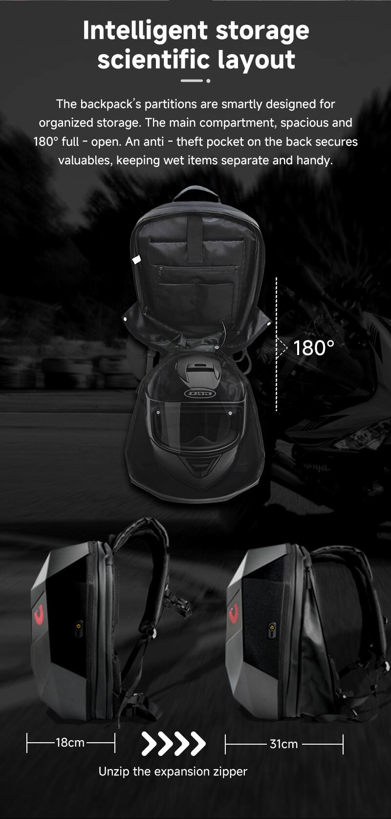 Intelligent storage scientific layout

The backpack's partitions are smartly designed for organized storage. The main compartment, spacious and 180° full - open. An anti-theft pocket on the back secures valuables, keeping wet items separate and handy.

180°

18cm >>>> 31cm

Unzip the expansion zipper