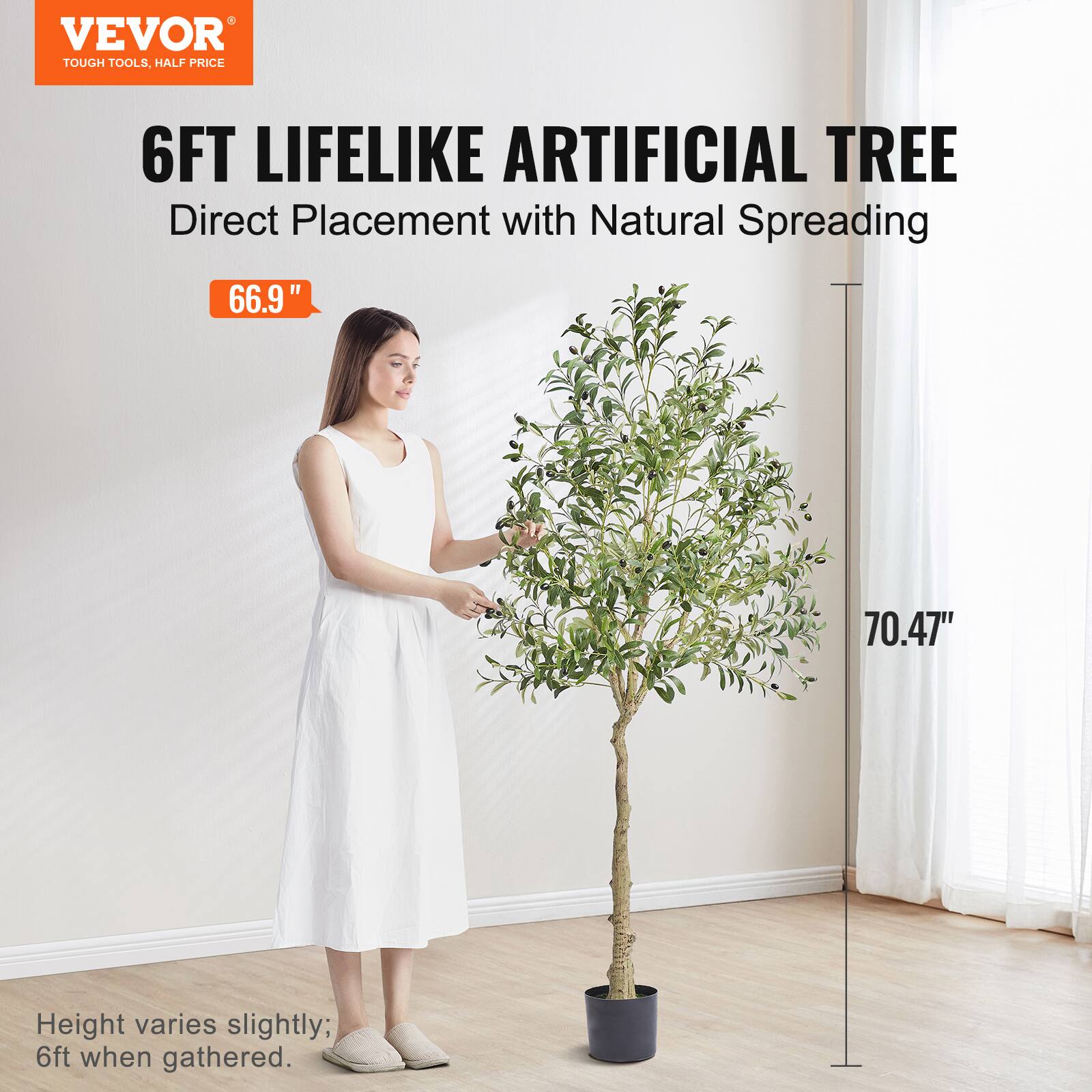 VEVOR TOUGH TOOLS, HALF PRICE

6FT LIFELIKE ARTIFICIAL TREE  
Direct Placement with Natural Spreading

66.9"  
70.47"  
Height varies slightly; 6ft when gathered.