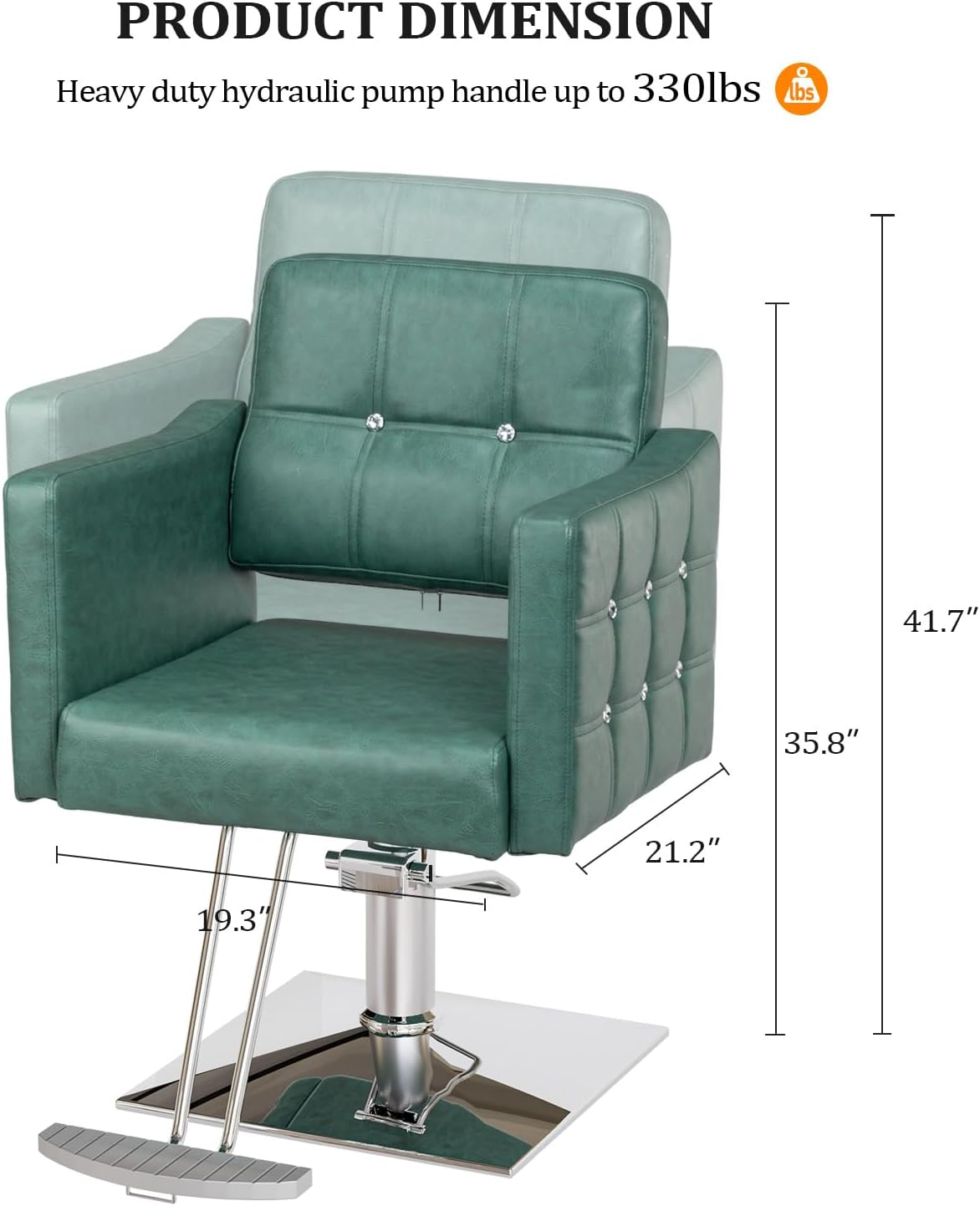PRODUCT DIMENSION  
Heavy duty hydraulic pump handle up to 330lbs  
41.7" x 35.8" x 21.2" x 19.3"