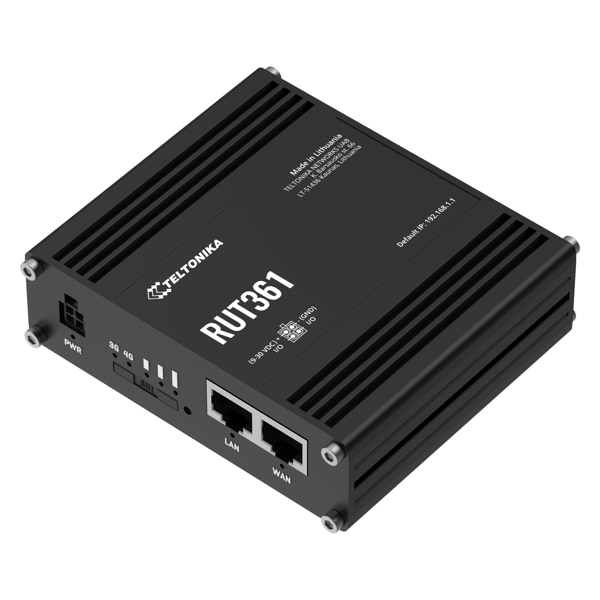 PWR Lithuania UA UAB  
66 Lithuania  
Made in NETWORKS Kaunas, Lith  
TELTONIKA LT-5 LT-51436  
RUT361 (9-30VDC)  
Default IP: 192.168.1.1  
LAN WAN