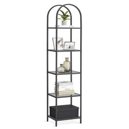 Songmics Home - 5-Tier Shelf, Tempered Glass Shelving Unit, Arched Design, Steel Structure, for Living Room Bedroom Study Bathroom - Ink Black and Slate Grey