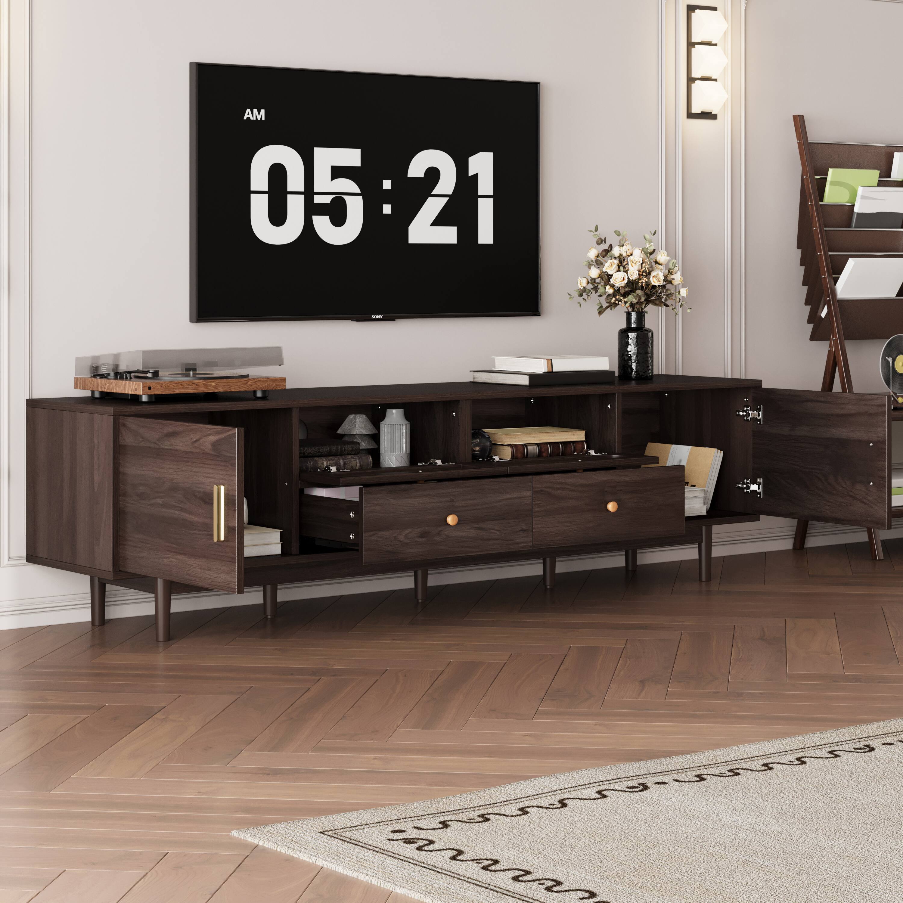 Angle. Z-Edge - TV Stand for 85 Inch TV, Entertainment Center with 4 Drawers, TV Console with 2 Cabinets, Media Console for Living Room - Dark Brown.