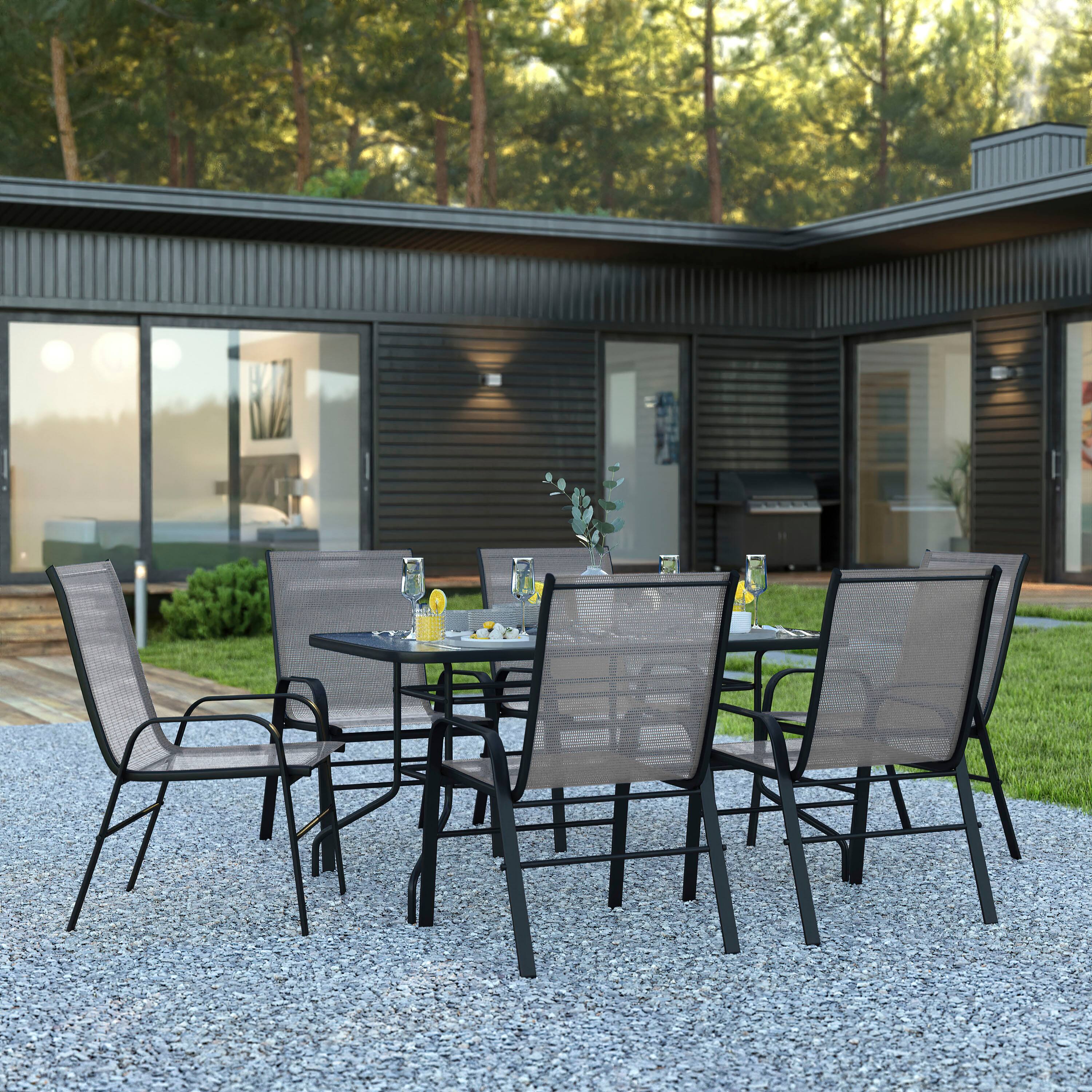Alt View 1. Emma + Oliver - Seven Piece Patio Table Set with Metal Table with Tempered Glass Top and 6 Flex Comfort Stacking Chairs - Gray.