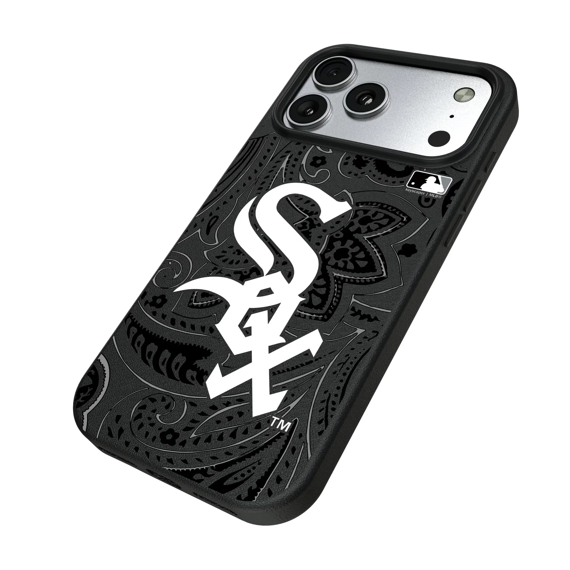 Alt View 1. Keyscaper - Chicago White Sox Paisley iPhone Magnetic Bump Case - 16 Pro Max - Black.
