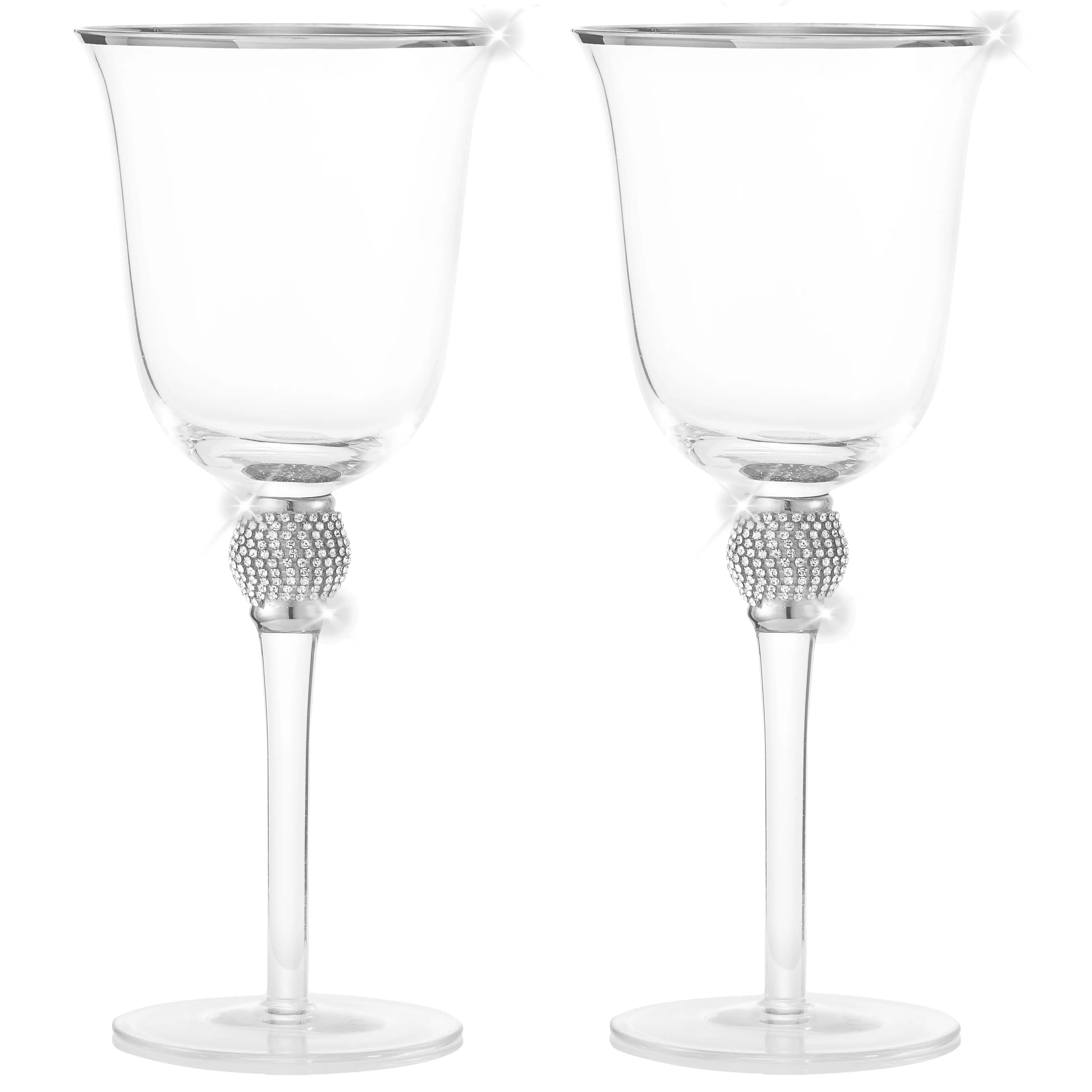 Alt View 4. Berkware - Premium Wine Glasses Set of 2 - Crystal Long Stem Wine Glass with Silver Rim & Rhinestone Design - 18 oz - Silver.