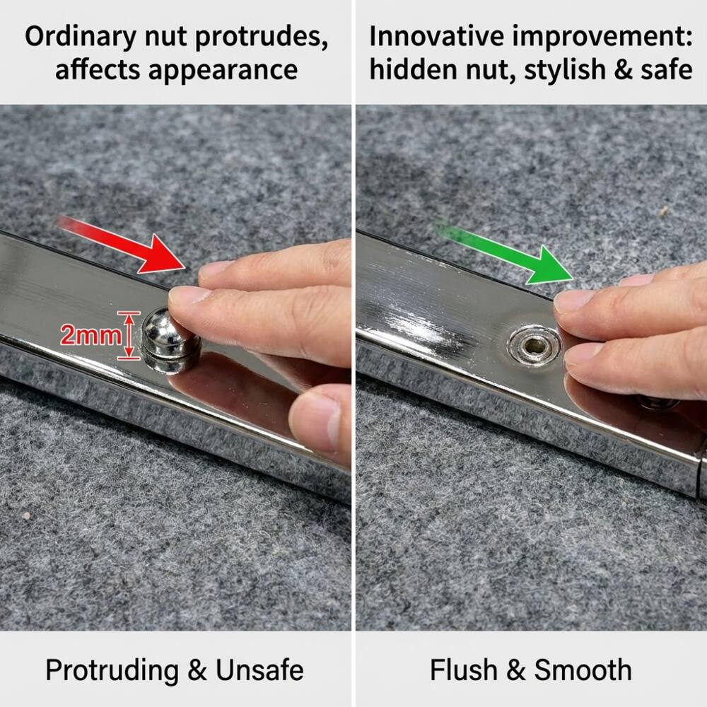 Ordinary nut protrudes, affects appearance

2mm

Innovative improvement: hidden nut, stylish & safe

Protruding & Unsafe

Flush & Smooth