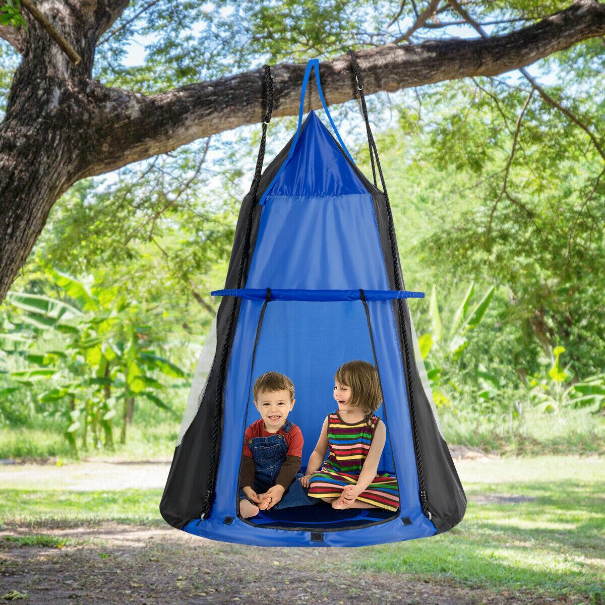 Alt View 1. Costway - Costway 40" Kids Hanging Chair Swing Tent Set Hammock Nest Pod Seat - Blue.