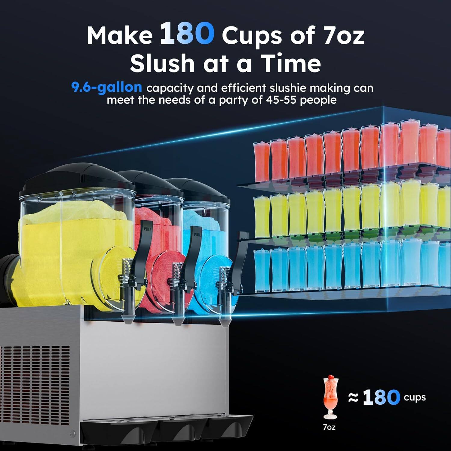 Make 180 Cups of 7oz Slush at a Time

9.6-gallon capacity and efficient slushie making can meet the needs of a party of 45-55 people

≈ 180 cups
7oz