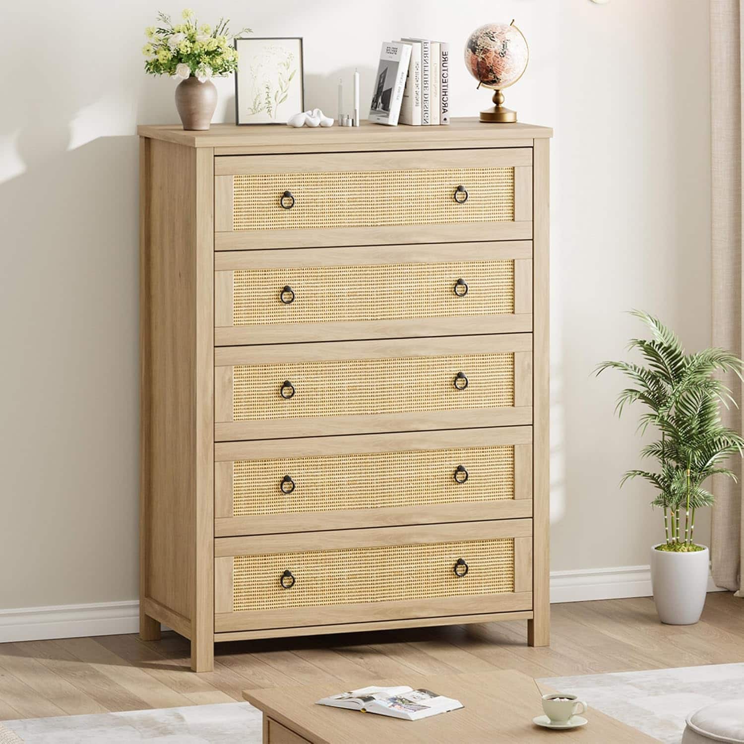 Homhougo - Rattan Dresser with 5 Drawers for Bedroom, 45 Inch Tall Chest of Large Drawers, Wood Clothes Storage Cabinet & TV Stand - Natural 5 Drawers