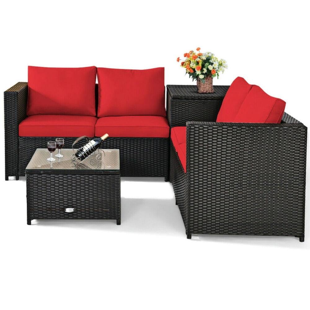 Back. Pefilos - 4 Pieces Outdoor PE Wicker Furniture Set, PE Rattan Furniture Set with Practical Storage Table, Water - Red.