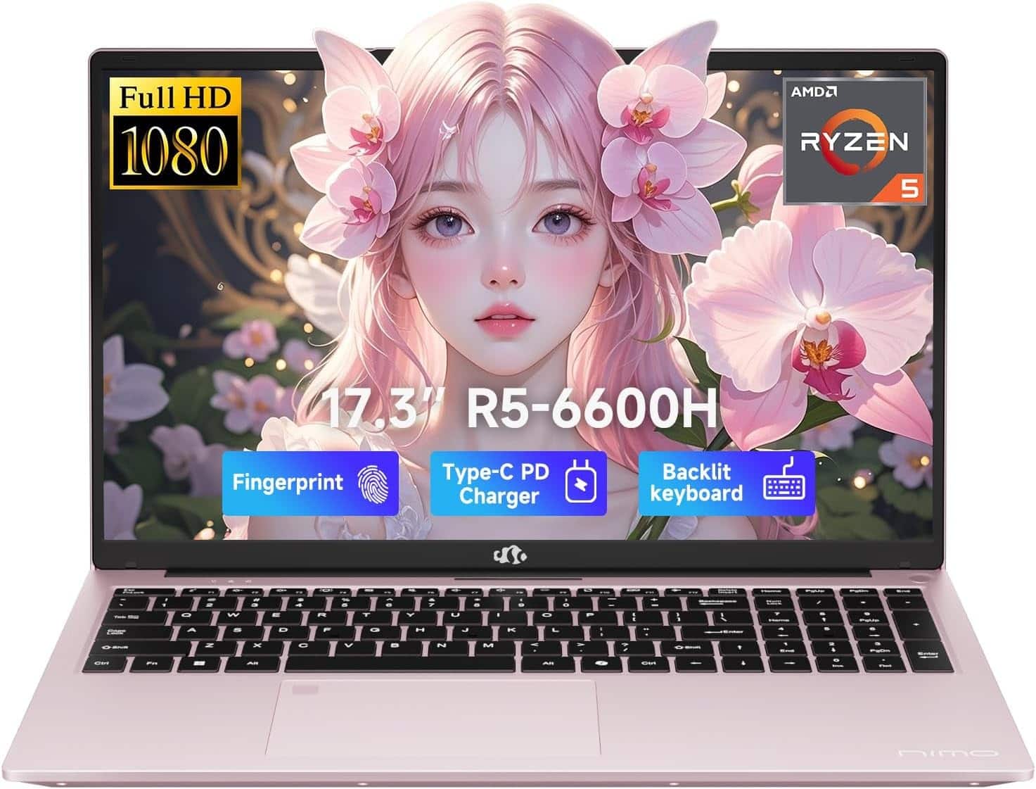 NIMO - 17.3" IPS FHD-Gaming-Laptop, AMD Ryzen 5 6600H 8GB DDR5 RAM 512GB SSD Radeon 660M 100W Type-C Backlit Keyboard - Rose Gold
