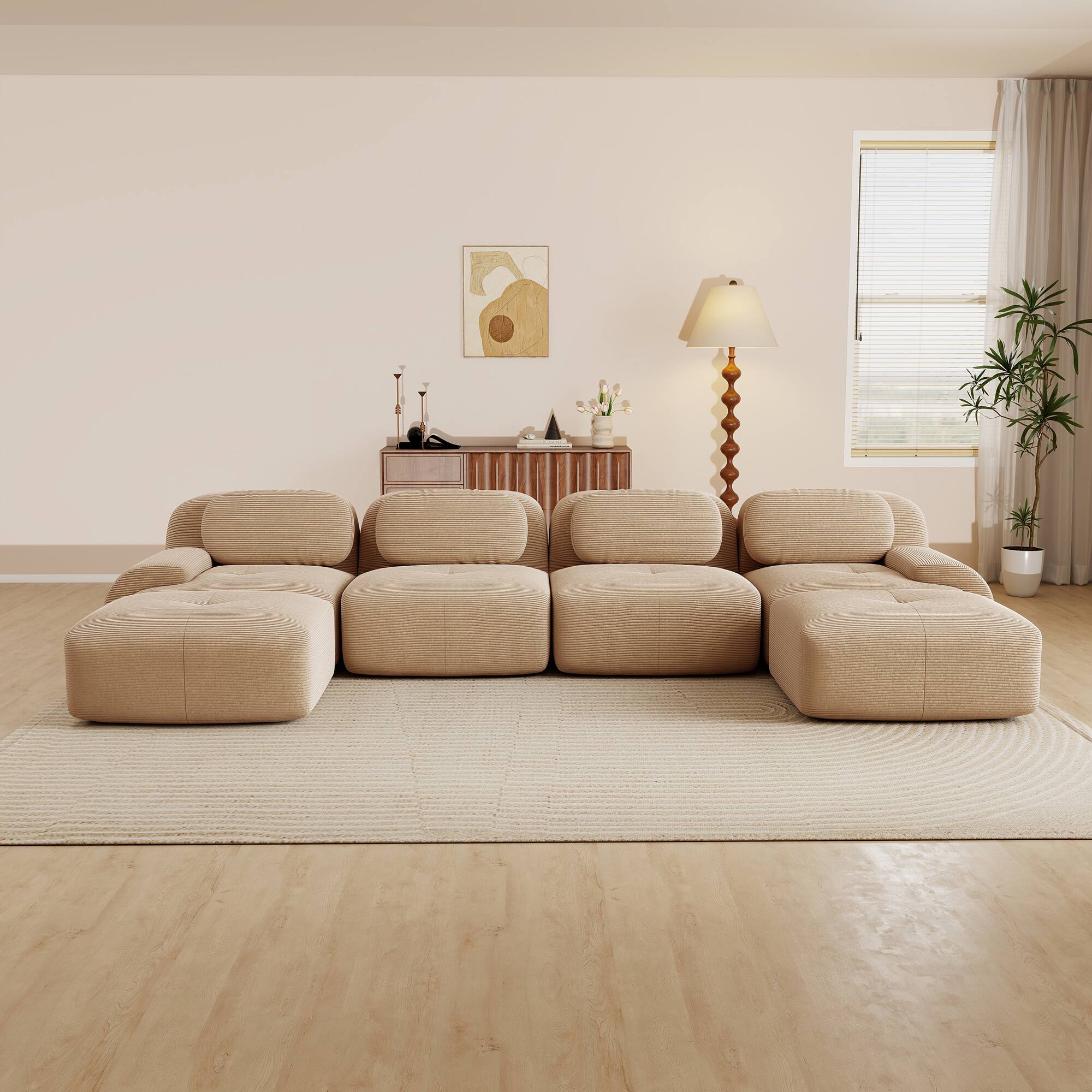 Angle. Aukfa - 4 Seats + 2 Ottoman Modular Corduroy Sectional Sofa - Ergonomic Support, Pet Friendly, Easy Assembly, Non-Slip Base - Camel.
