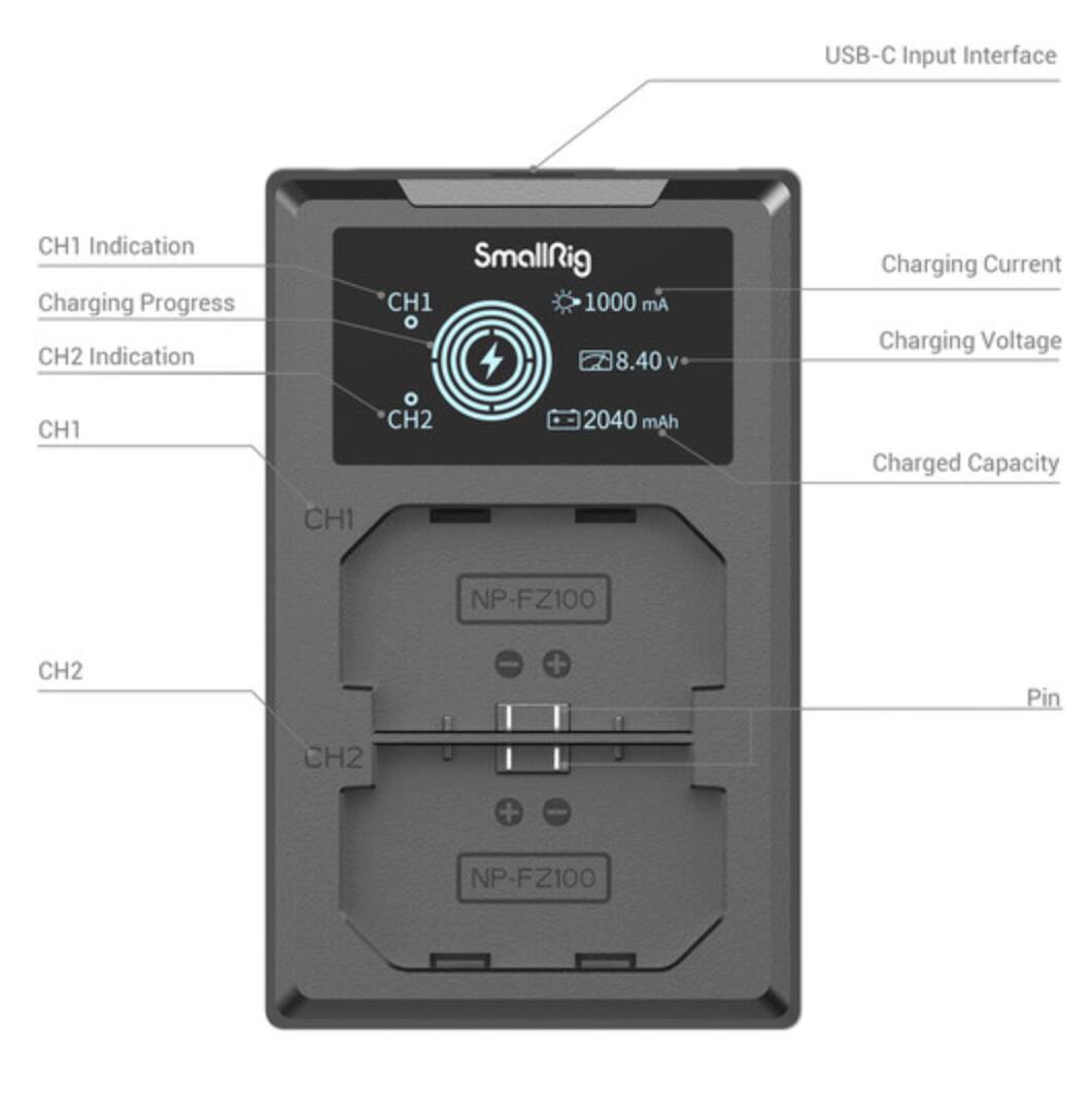 USB-C Input Interface  
CH1 Indication  
Charging Progress  
CH2 Indication  
SmallRig  
CH1  
1000 mA  
8.40 V  
Charging Current  
Charging Voltage  
CH1  
CH2  
2040 mAh  
Charged Capacity  
CH1  
NP-FZ100  
CH2  
Pin  
CH2  
NP-FZ100
