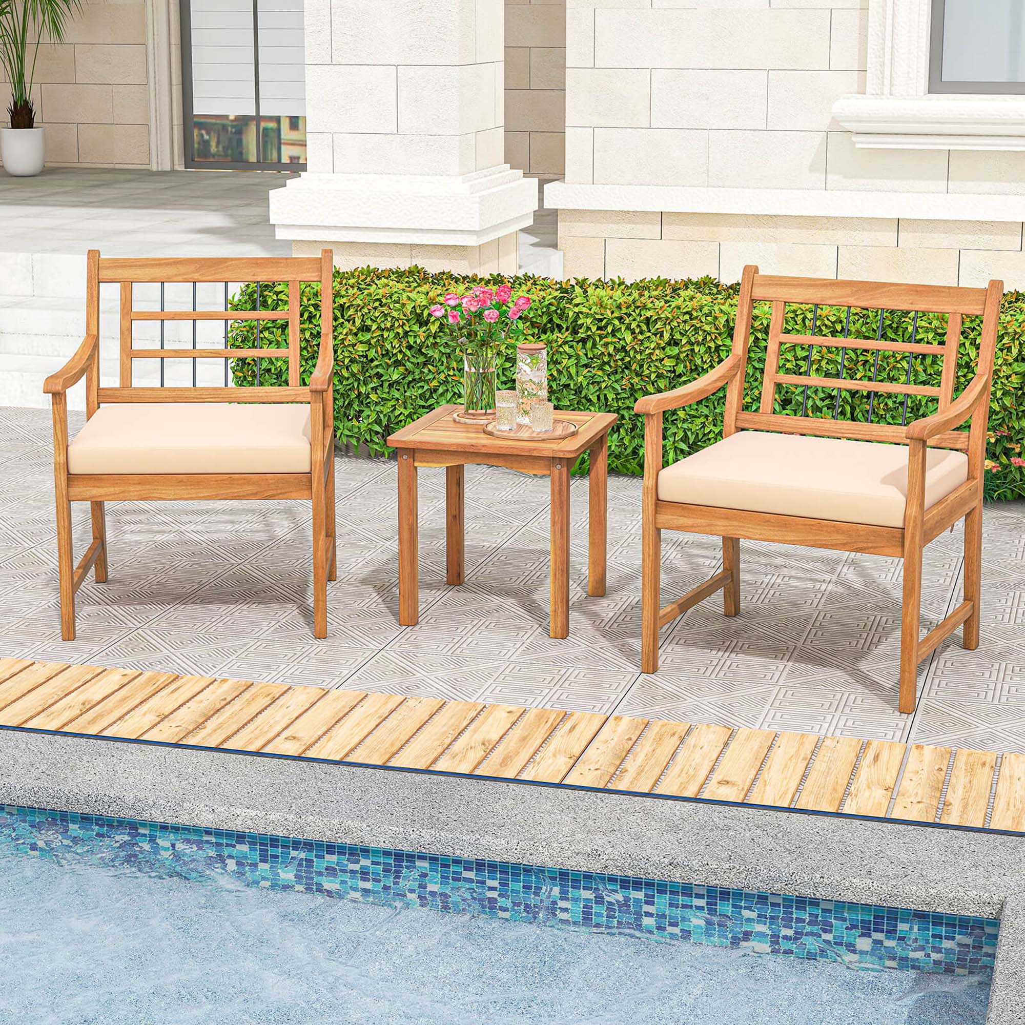 Alt View 1. Costway - 3 Pieces Acacia Wood Patio Bistro Set Outdoor Conversation Set with Cushions - Off White,Natural.
